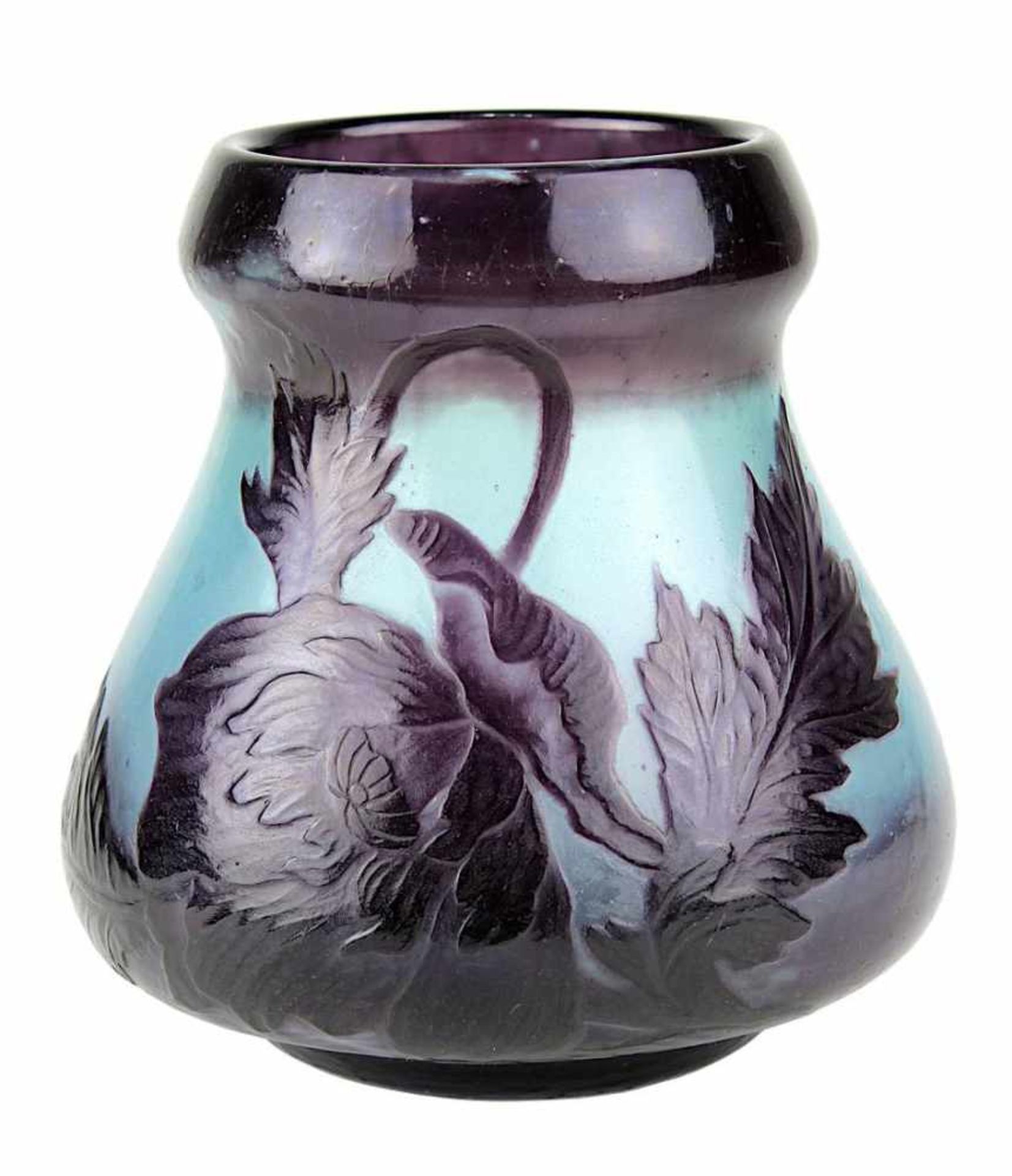 Muller-Croismare Jugendstilvase Klatschmohn, um 1900, Klarglas, mit hellblauem Glas unterfangen,