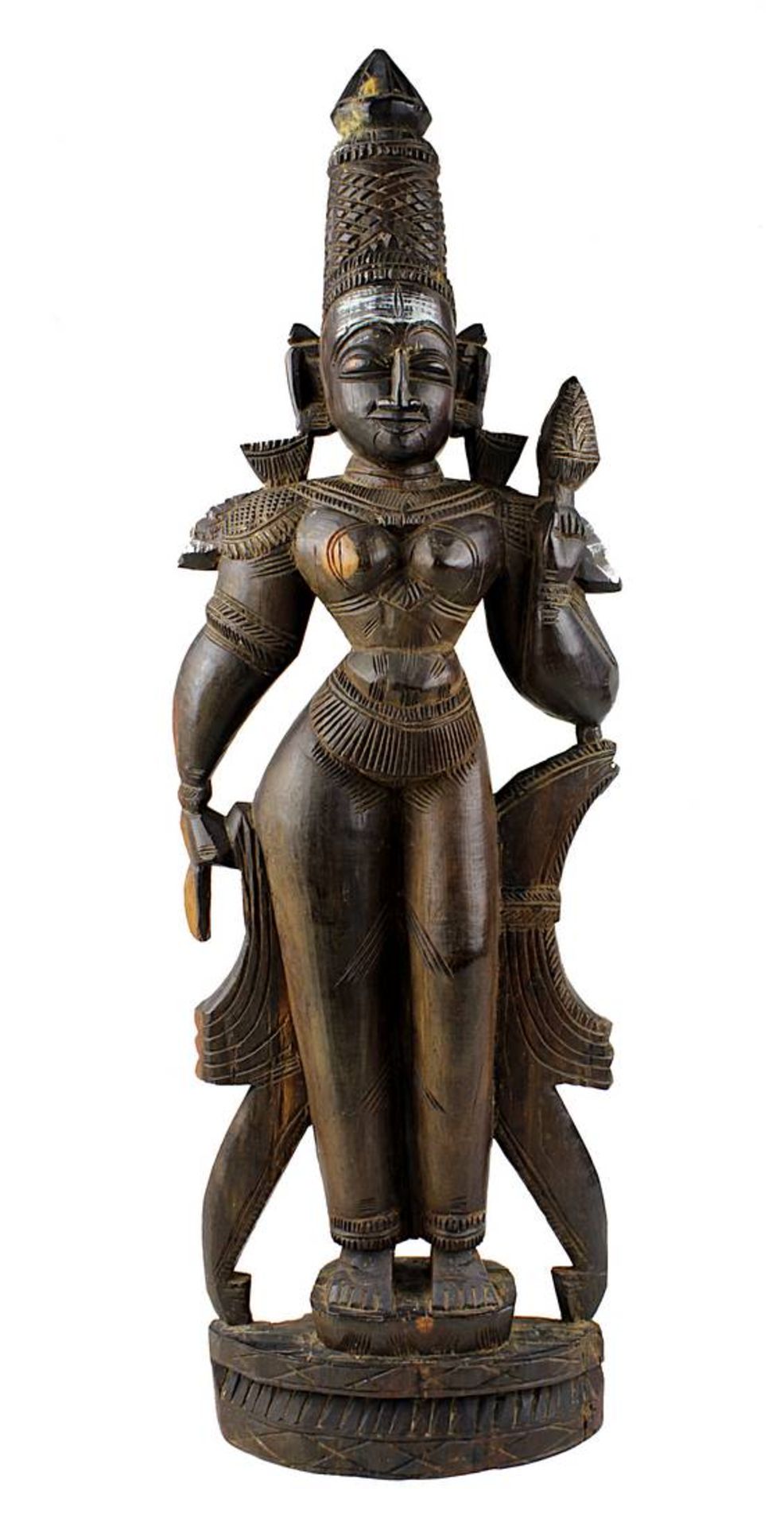Weibliche Gottheit, Holzfigur, Südindien um 1900, aus dunklem Teakholz, rechte Hand mit kleiner