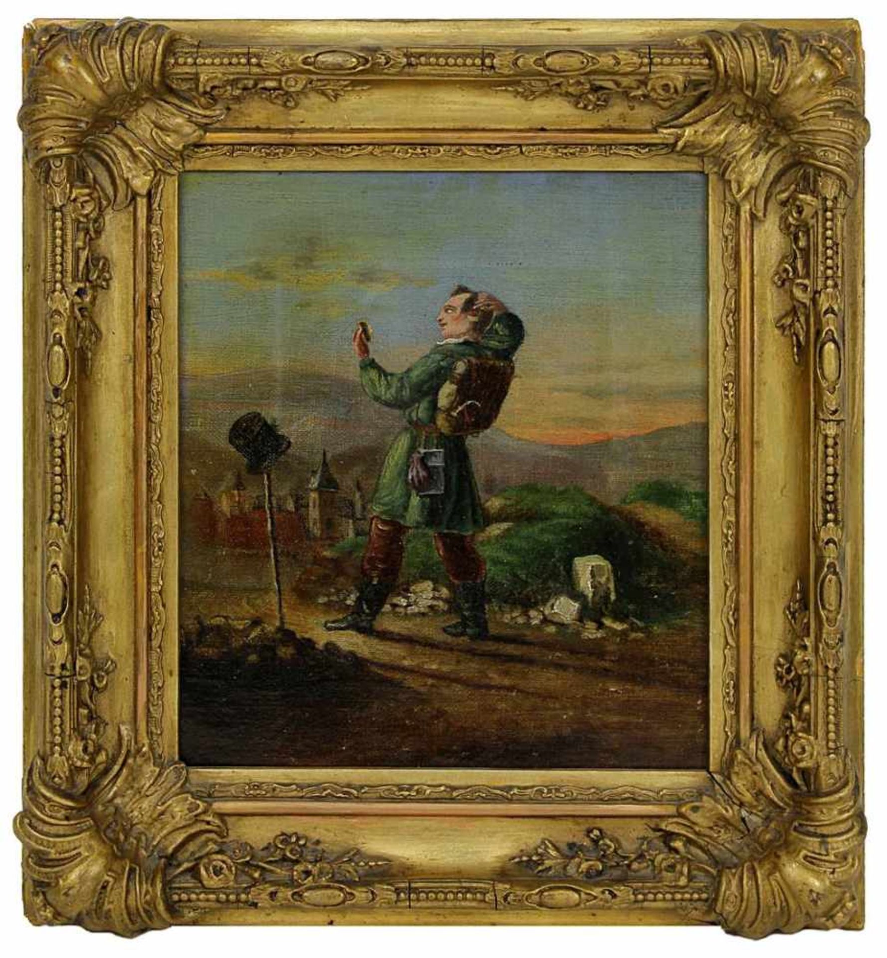 Dt. Genremaler, 19. Jh., Reisender bei Ankunft vor Dorf, Öl auf Leinwand,  Bildmaß:  20 cm x 23