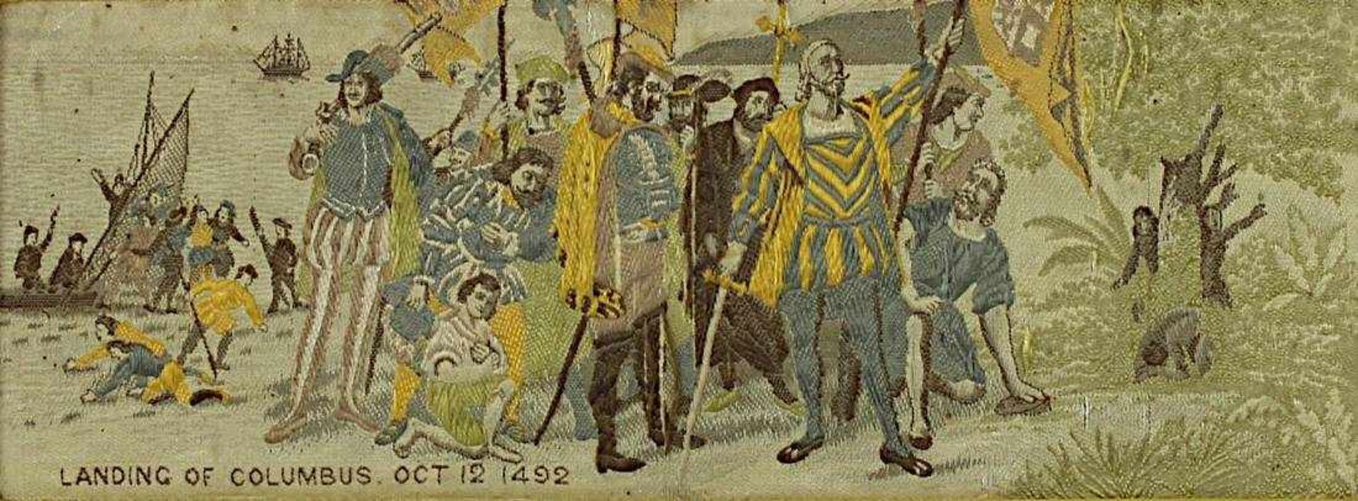 2 Seidenbilder zu Columbus' Enteckung Amerikas, angefertigt zur Weltausstellung Chicago 1893, - Bild 4 aus 5