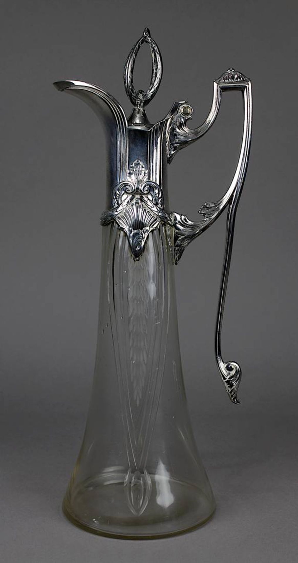 Schenkkanne, Jugendstil, deutsch, WMF um 1910, Glas mit Schliffdekor, versilberte Metallmontierung