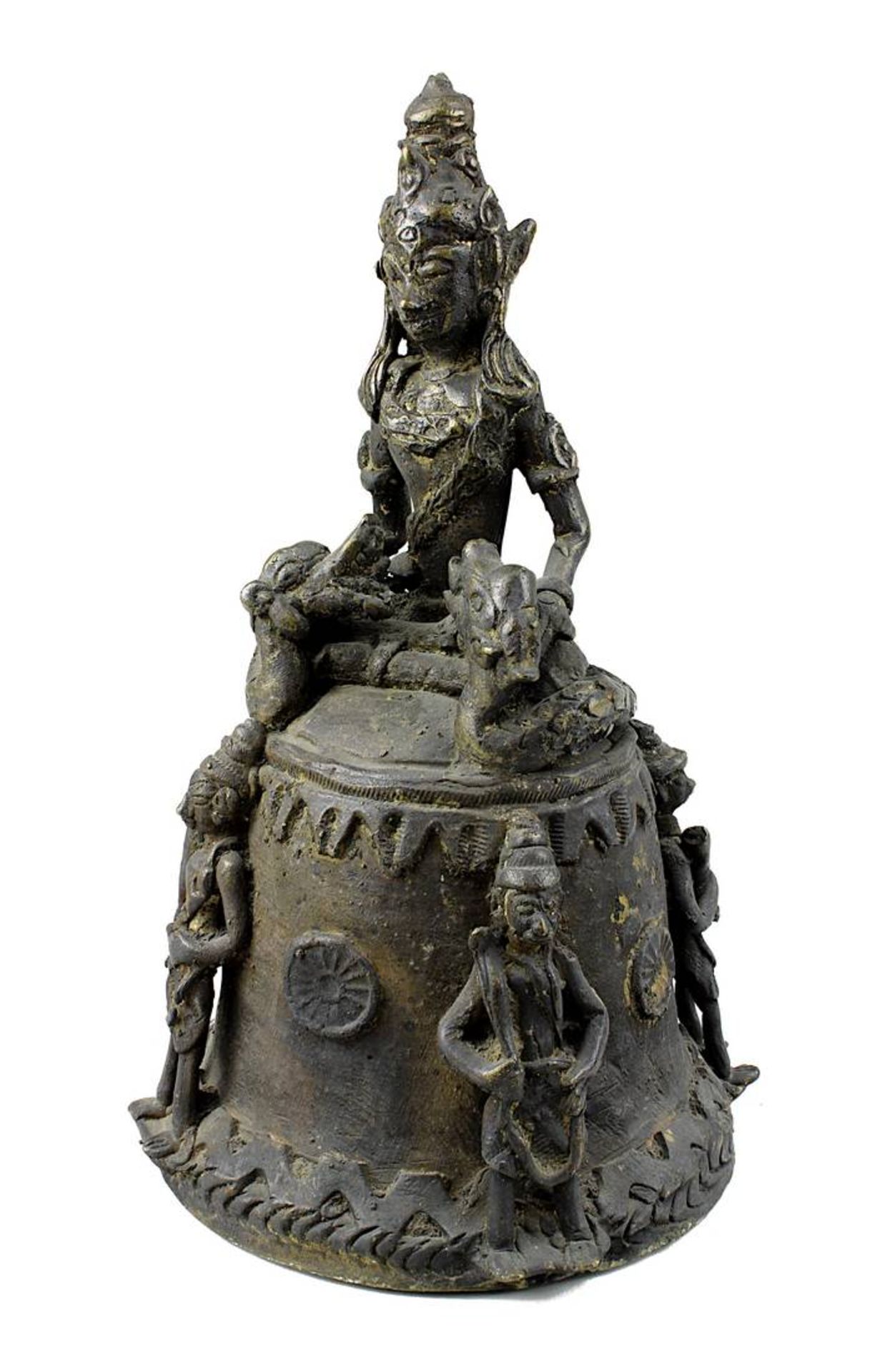 Bronzeglocke mit sitzender Figur und Schlangen, wohl Südindien 19. Jh., schöne dunkle Patina, auf