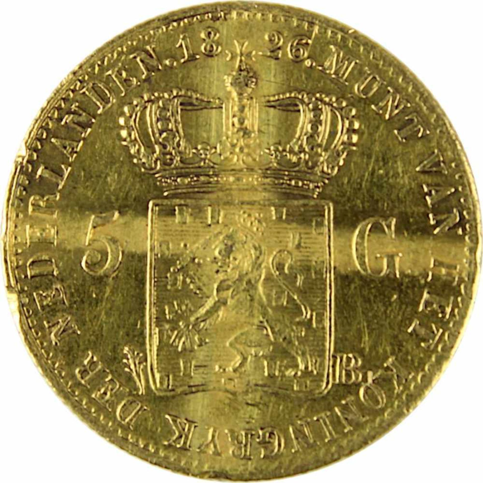 Goldmünze zu 5 Gulden, Niederlande, Wilhelm 1826, Av. Kopf Wilhelm n. li. und Umschrift, Rev. - Bild 3 aus 3