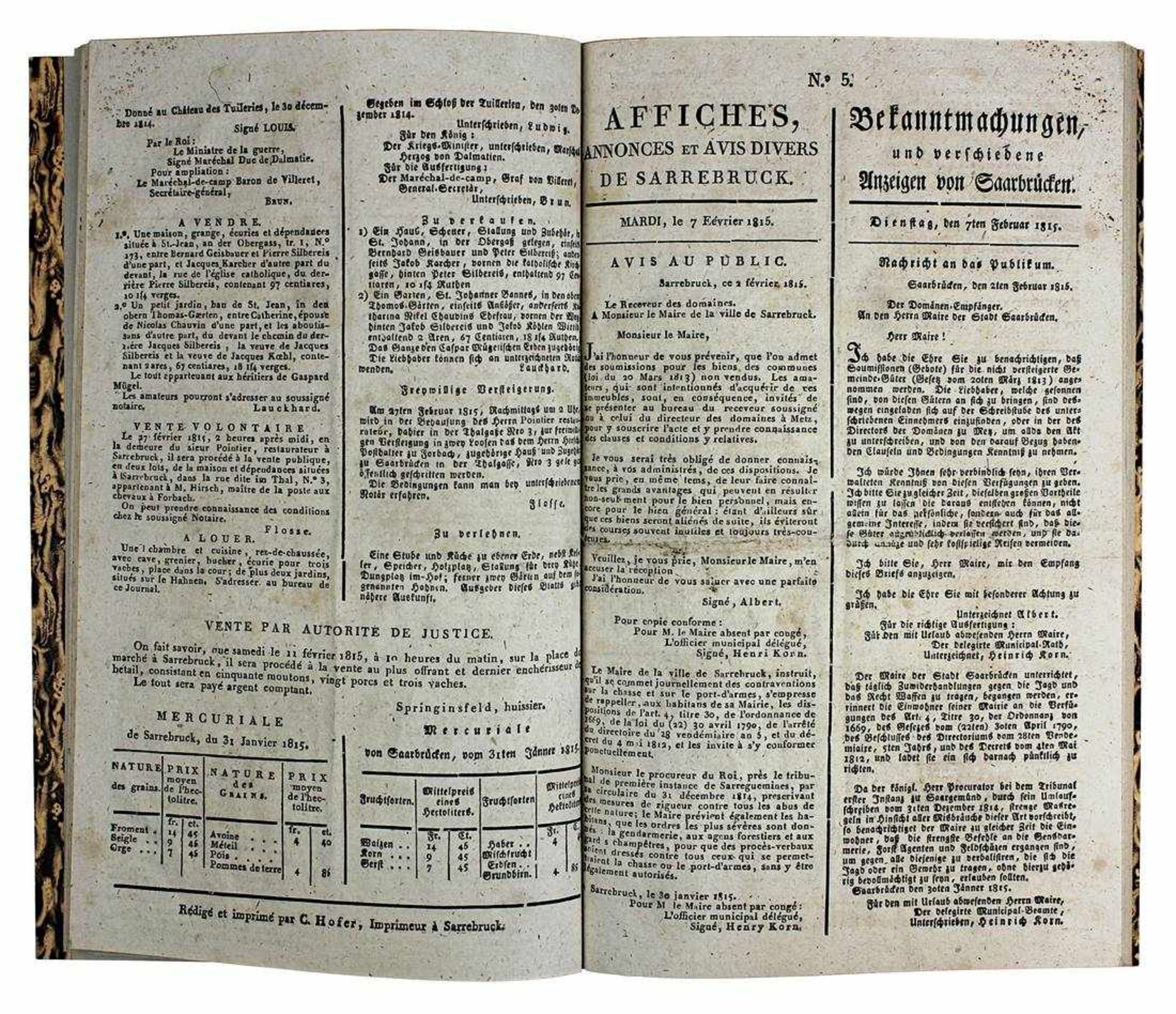 "Bekanntmachungen und verschiedene Anzeigen von Saarbrücken", 10. Januar 1815 - bis 27. Mai 1815,