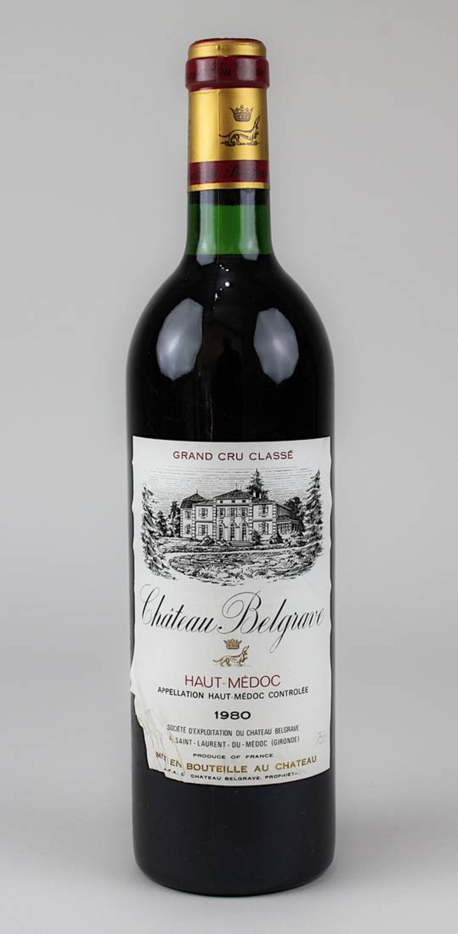 Eine Flasche 1980er Château Belgrave, Haut-Médoc, Grand Cru Classé, Füllhöhe Halsansatz.   2286-006