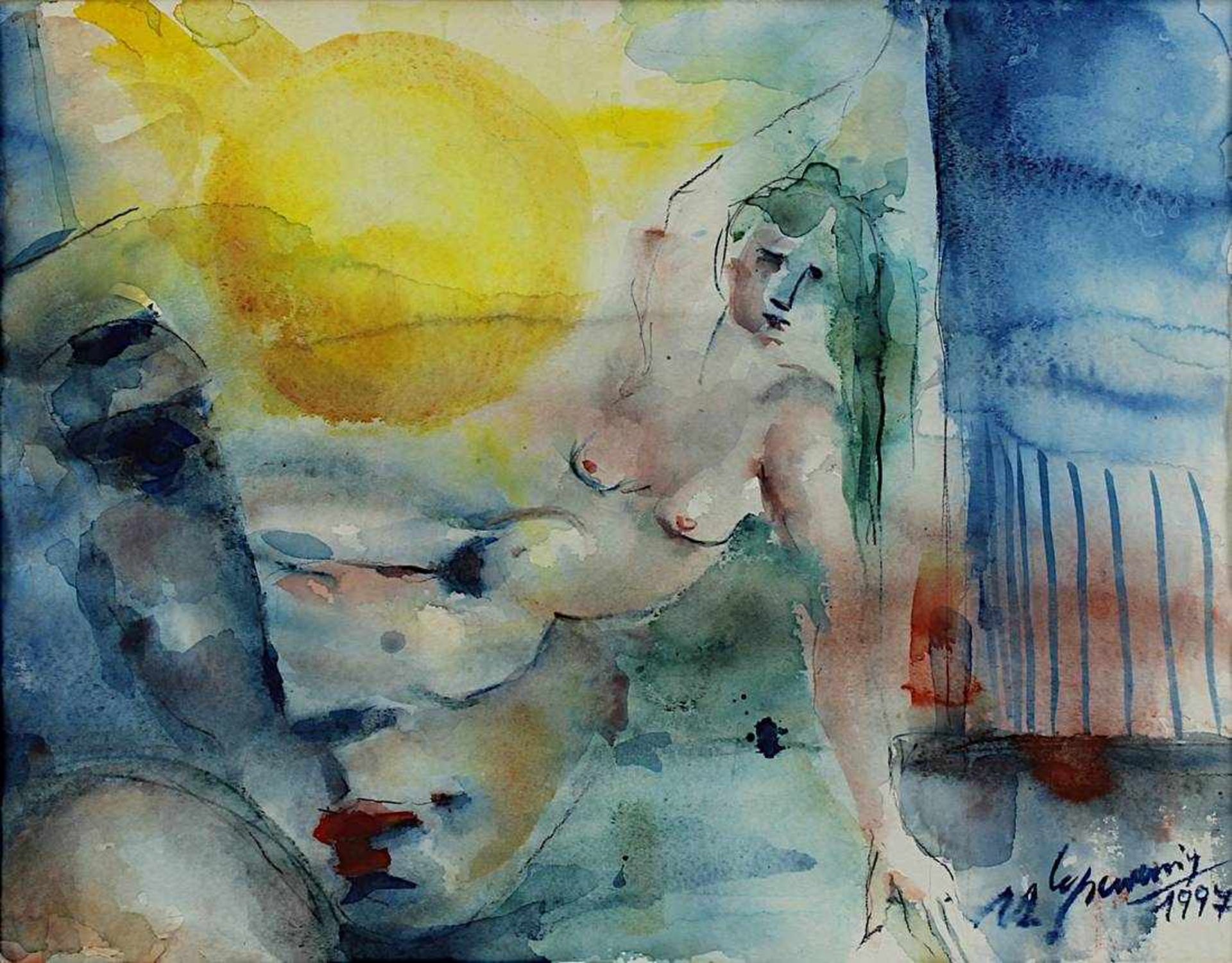 Grewenig (Künstler Ende 20.Jh.), Liegender weiblicher Akt vor Sonne, Aquarell, re. unt. signiert - Bild 2 aus 2