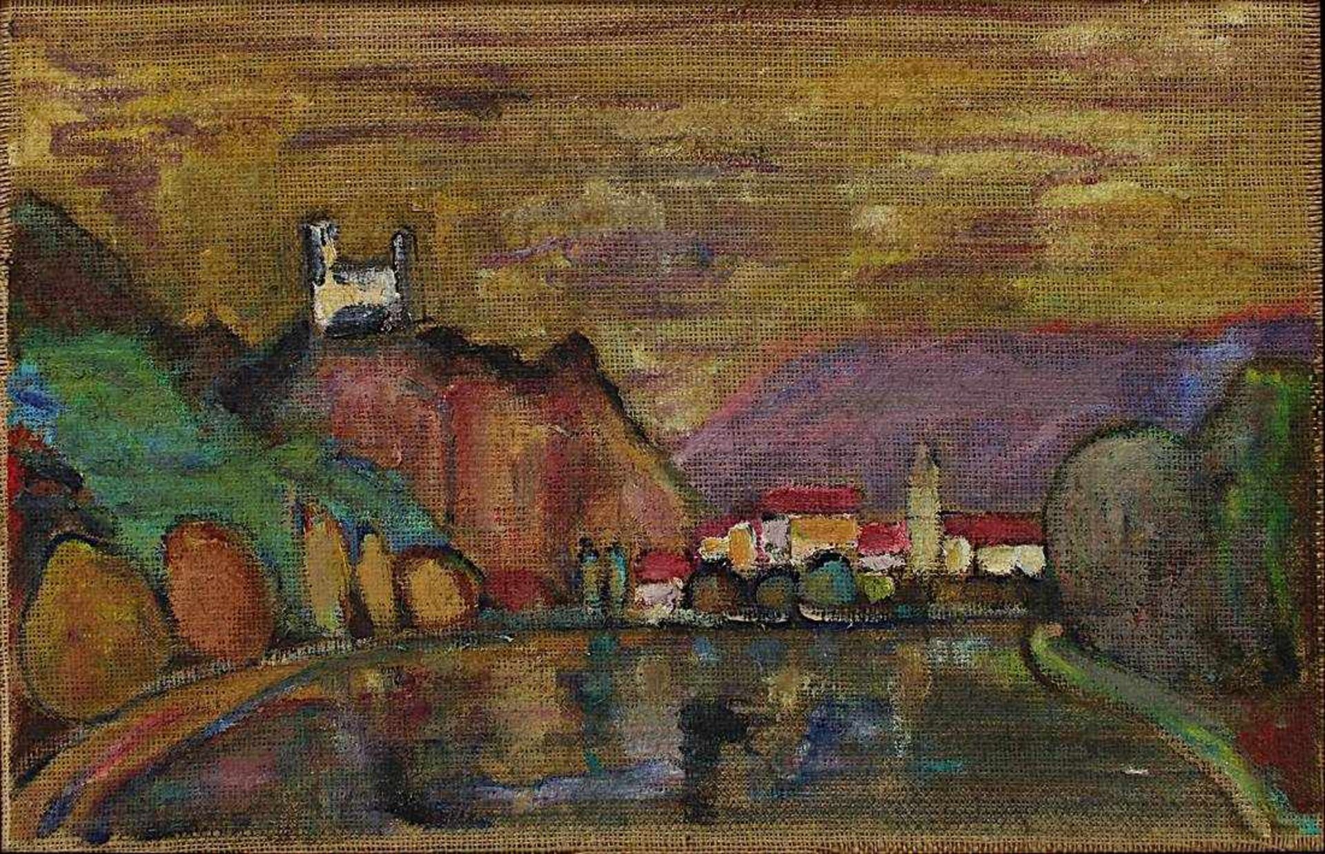 Ullik, Rudolf (Wien 1900 - 1996 Wien), Stadt am Gebirgssee, Öl/grobes Sackleinen, auf Rückseite - Bild 2 aus 2