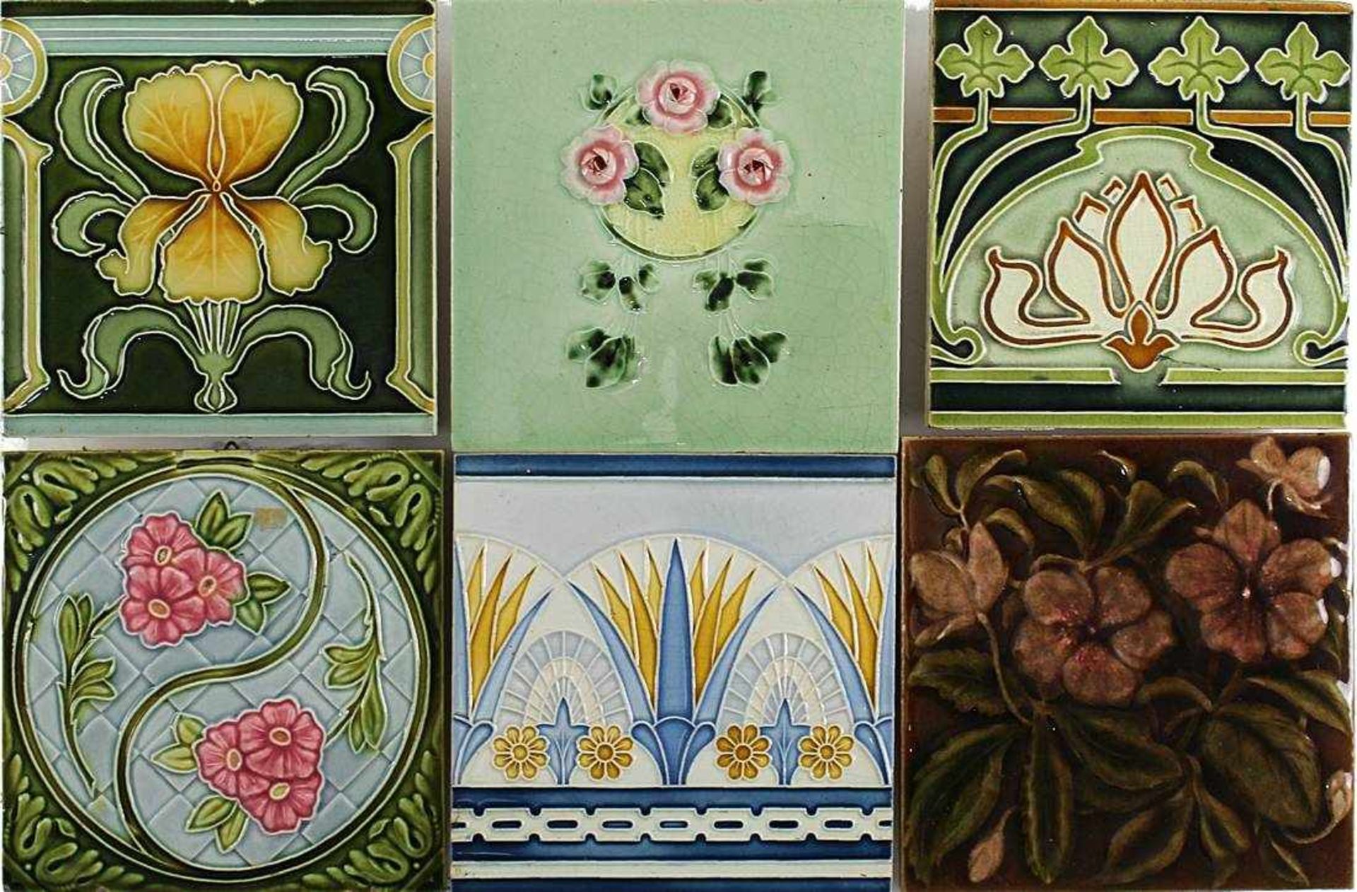 6 Jugendstilfliesen, 1900-1910, Keramik, reliefiert und farbig staffiert mit typischen Motiven der