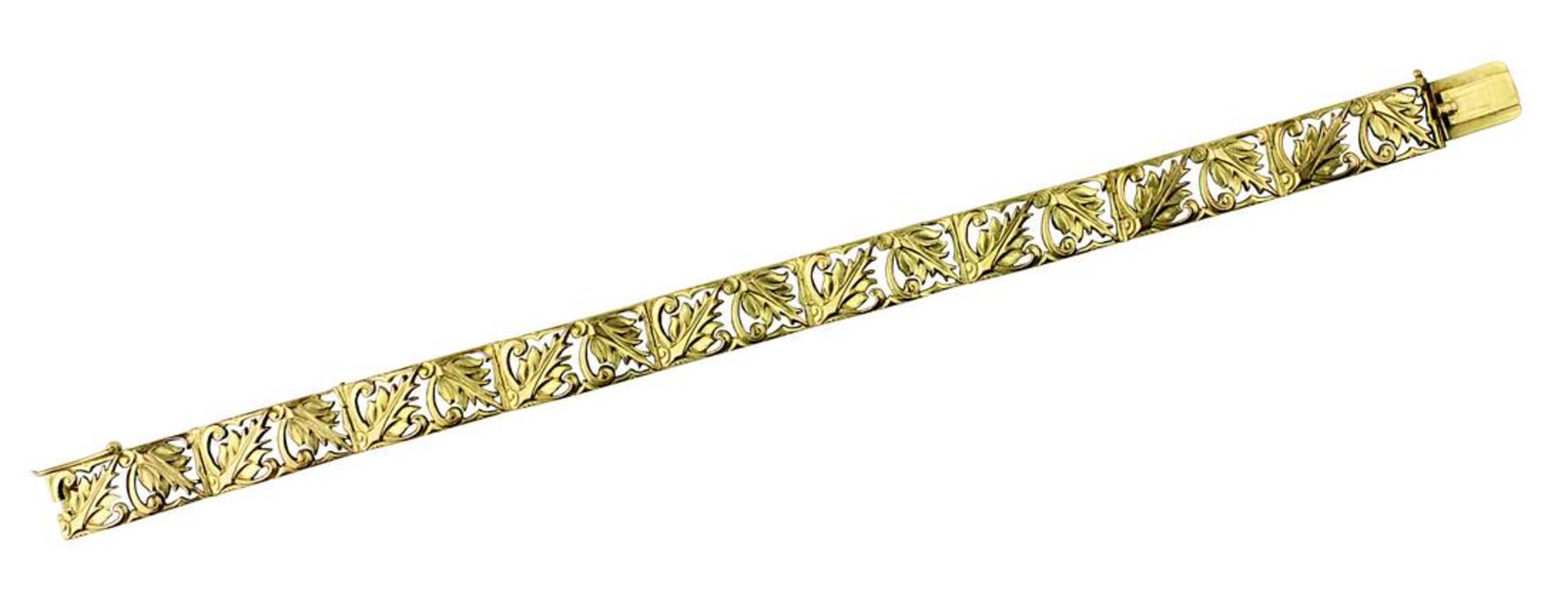 Art-Déco Gelbgold-Armband, 9 rechteckige Glieder mit durchbrochen gearbeitetem floralem Dekor,