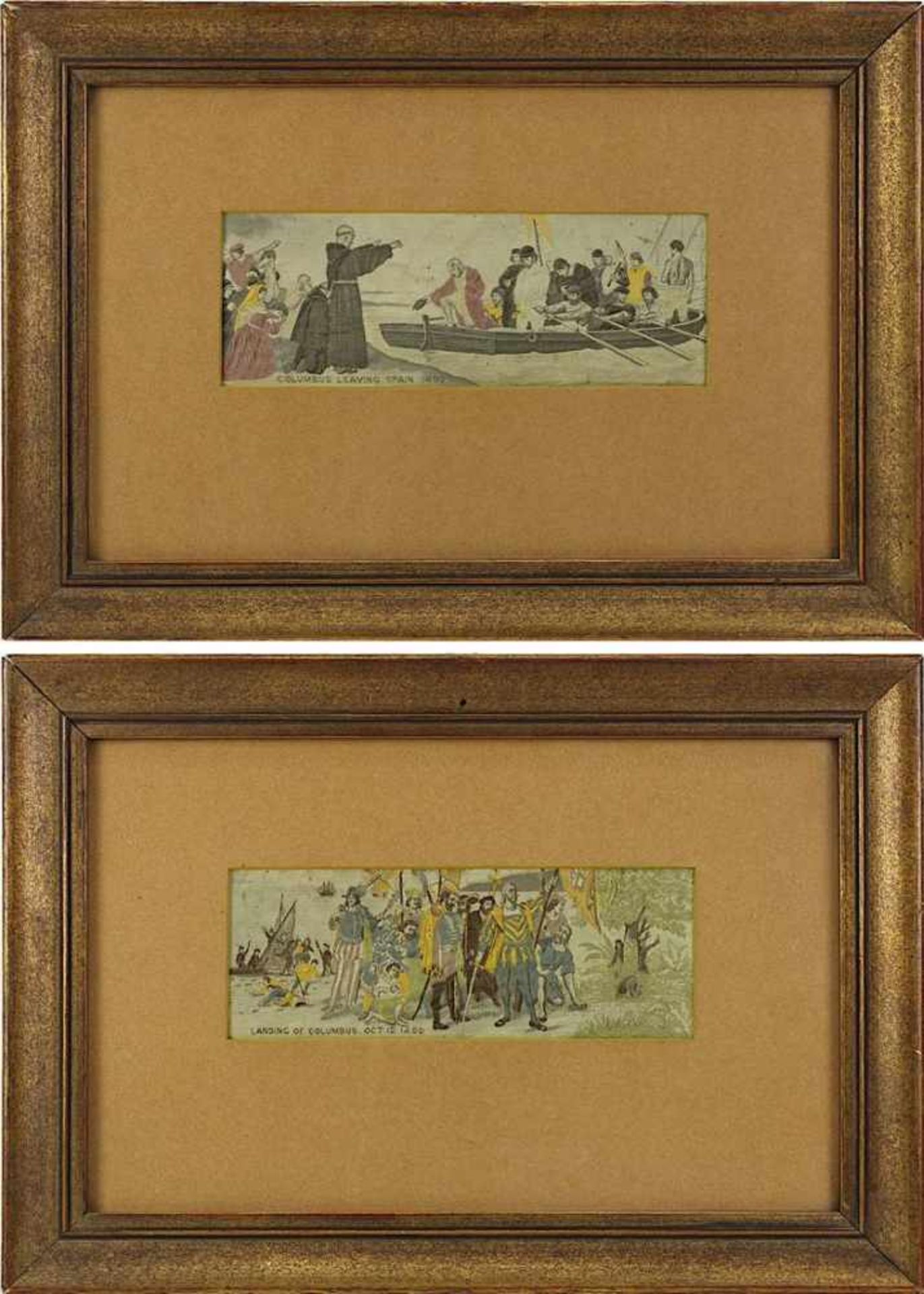 2 Seidenbilder zu Columbus' Enteckung Amerikas, angefertigt zur Weltausstellung Chicago 1893,