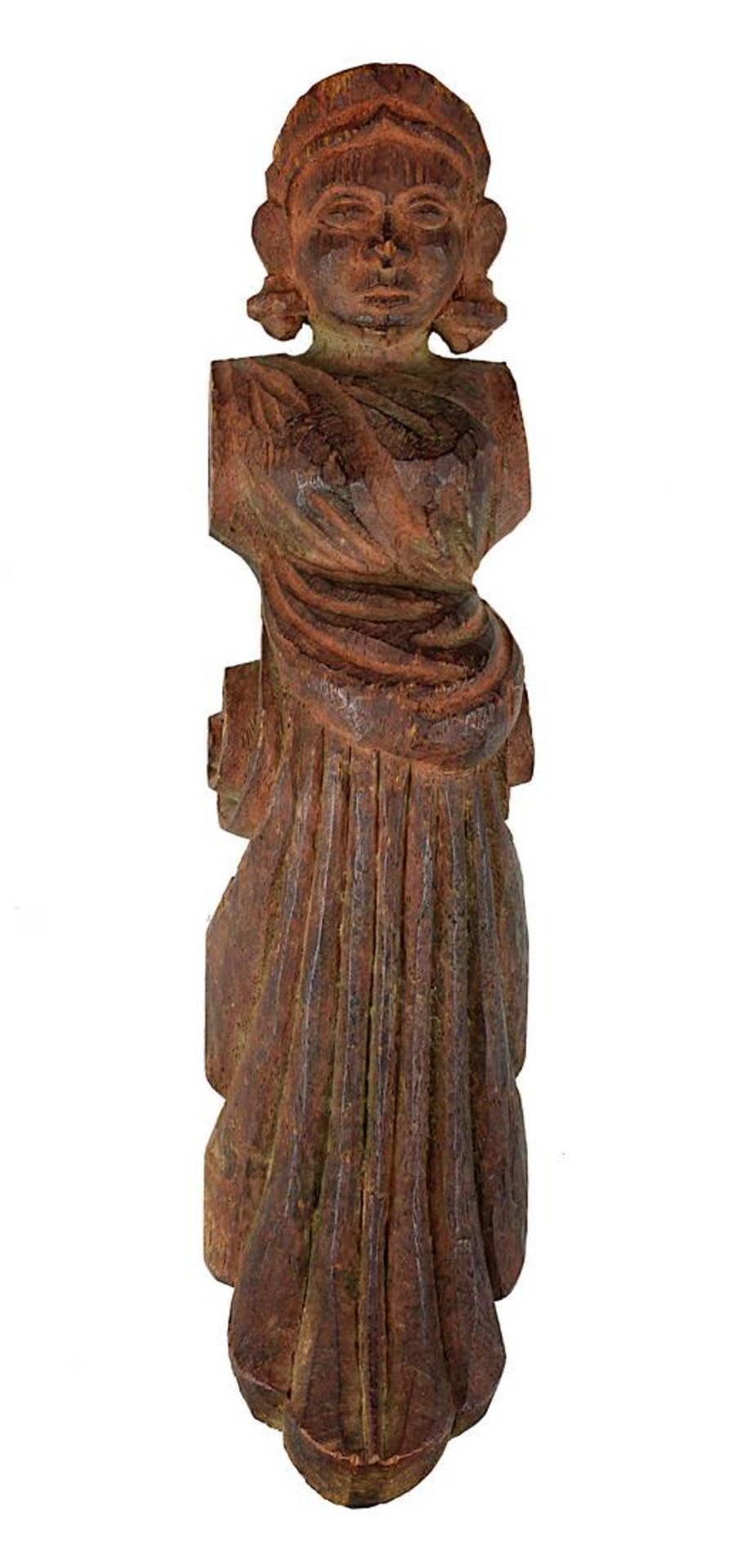 Geschmückte Frau als kleine Karyatidenfigur, Südindien, 19. Jh.,  Holz geschnitzt, mit Farbresten