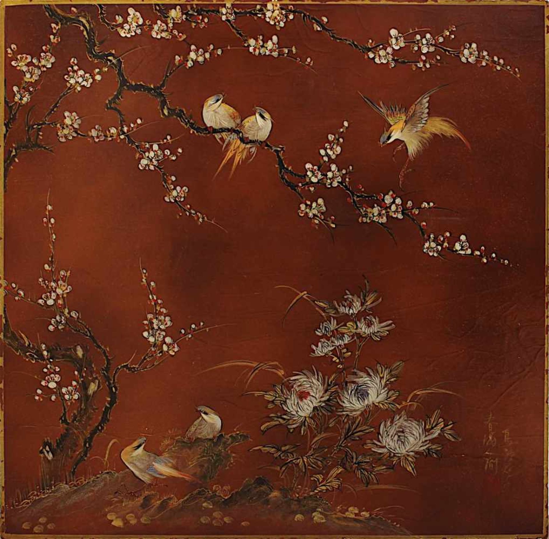 Paar Lacktische, China 2. Hälfte 20. Jh., rot-brauner Lack, Platten farbig bemalt mit Vögeln und - Bild 4 aus 5