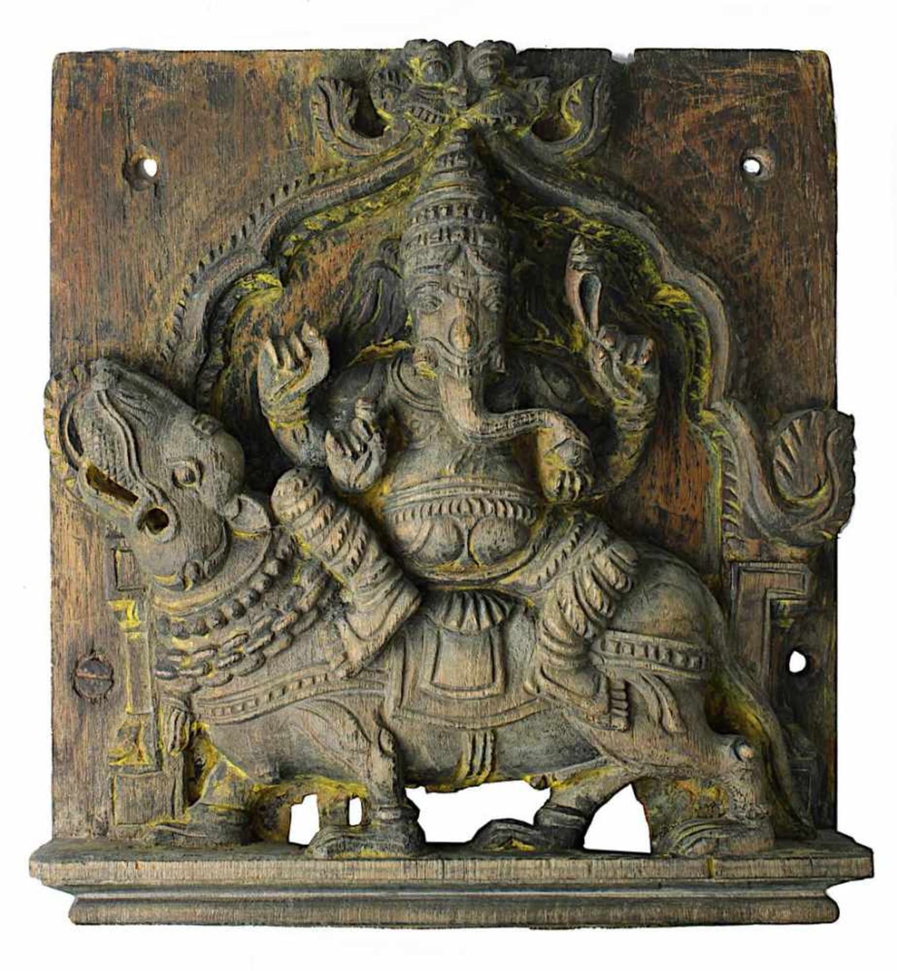 Holzrelief des Gottes Ganesha auf seinem Reittier, einer Ratte, Südindien 1. H. 19. Jh., aus einem