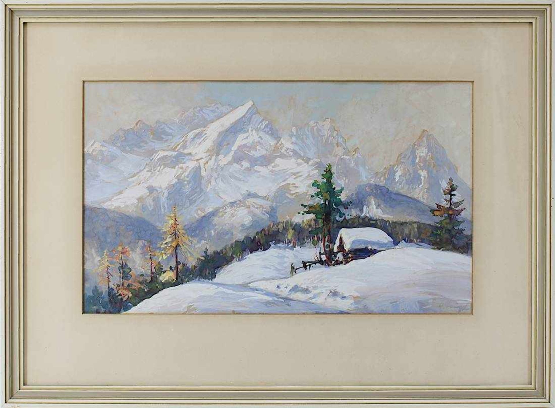Gebirgsmaler (1.H.20.Jh.), Schneebedeckte Alpenlandschaft mit Schutzhütte, Gouache, re. unt.