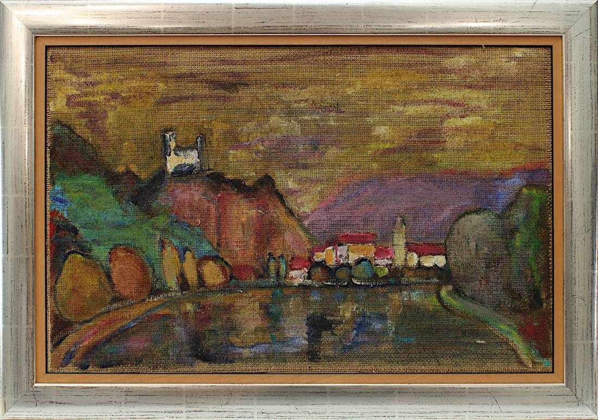 Ullik, Rudolf (Wien 1900 - 1996 Wien), Stadt am Gebirgssee, Öl/grobes Sackleinen, auf Rückseite