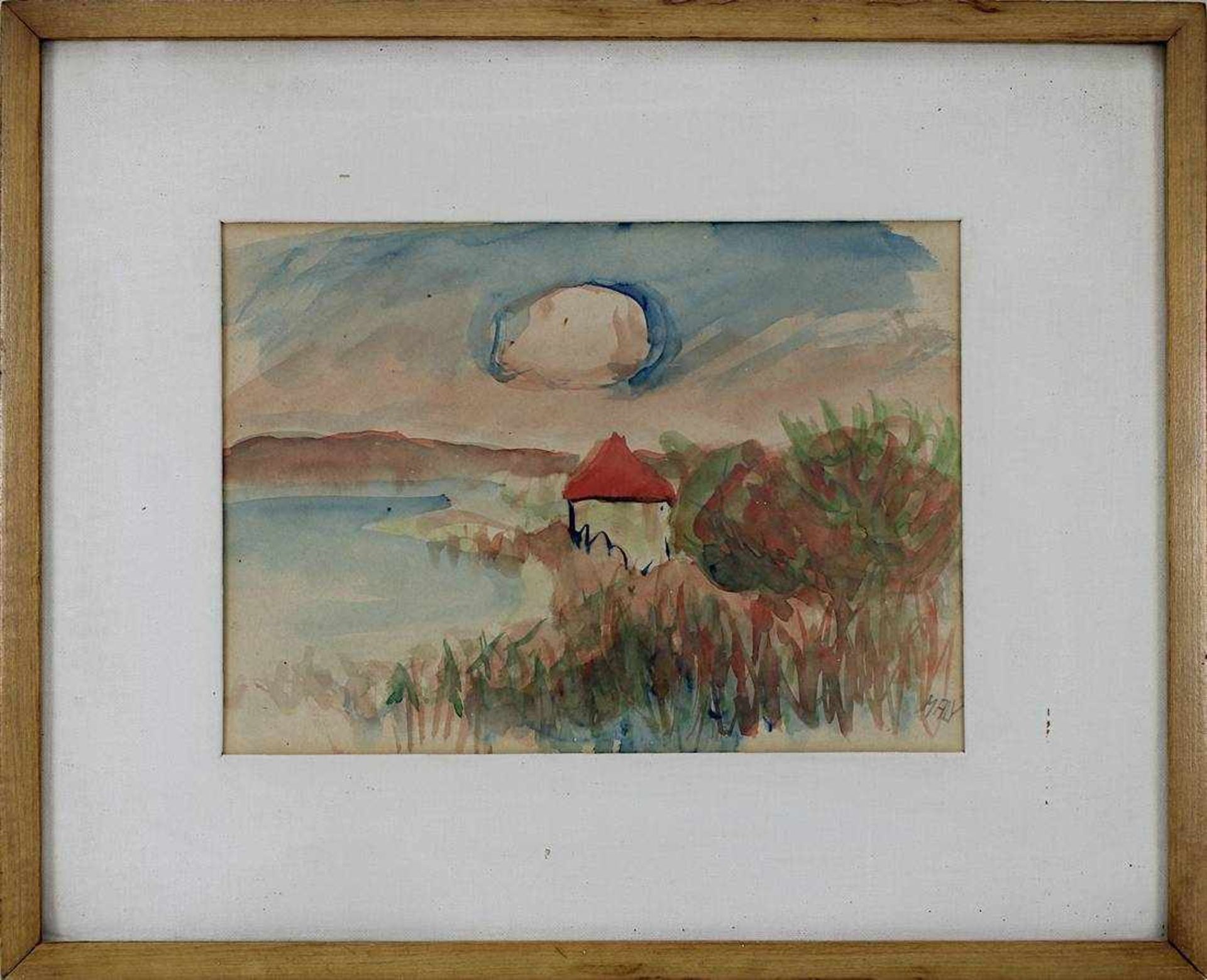 Maly, Wilhelm (München 1894 - 1943 Davos), Haus am See, Aquarell, unt. re. signiert, 14,5 x 24,5