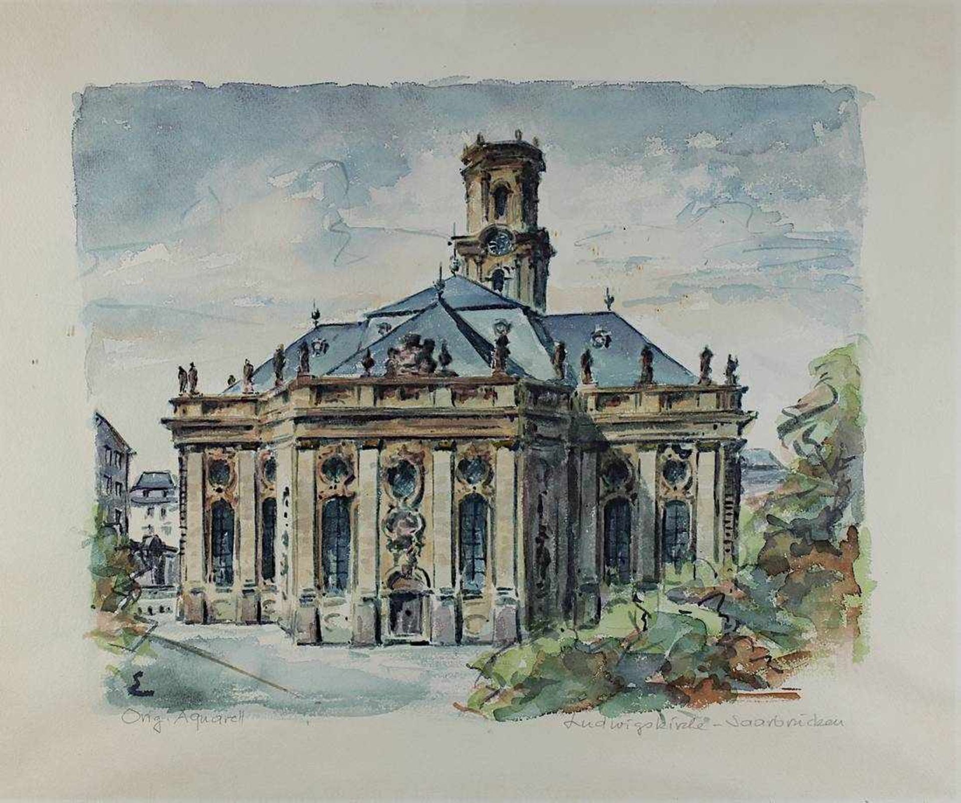 Embs, Heiner (Sulzbach 1899 - 1972 Bebelsheim), Ludwigskirche-Saarbrücken, Aquarell, li. unt. - Bild 2 aus 2