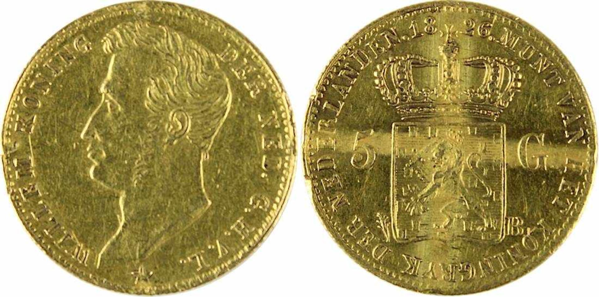 Goldmünze zu 5 Gulden, Niederlande, Wilhelm 1826, Av. Kopf Wilhelm n. li. und Umschrift, Rev.