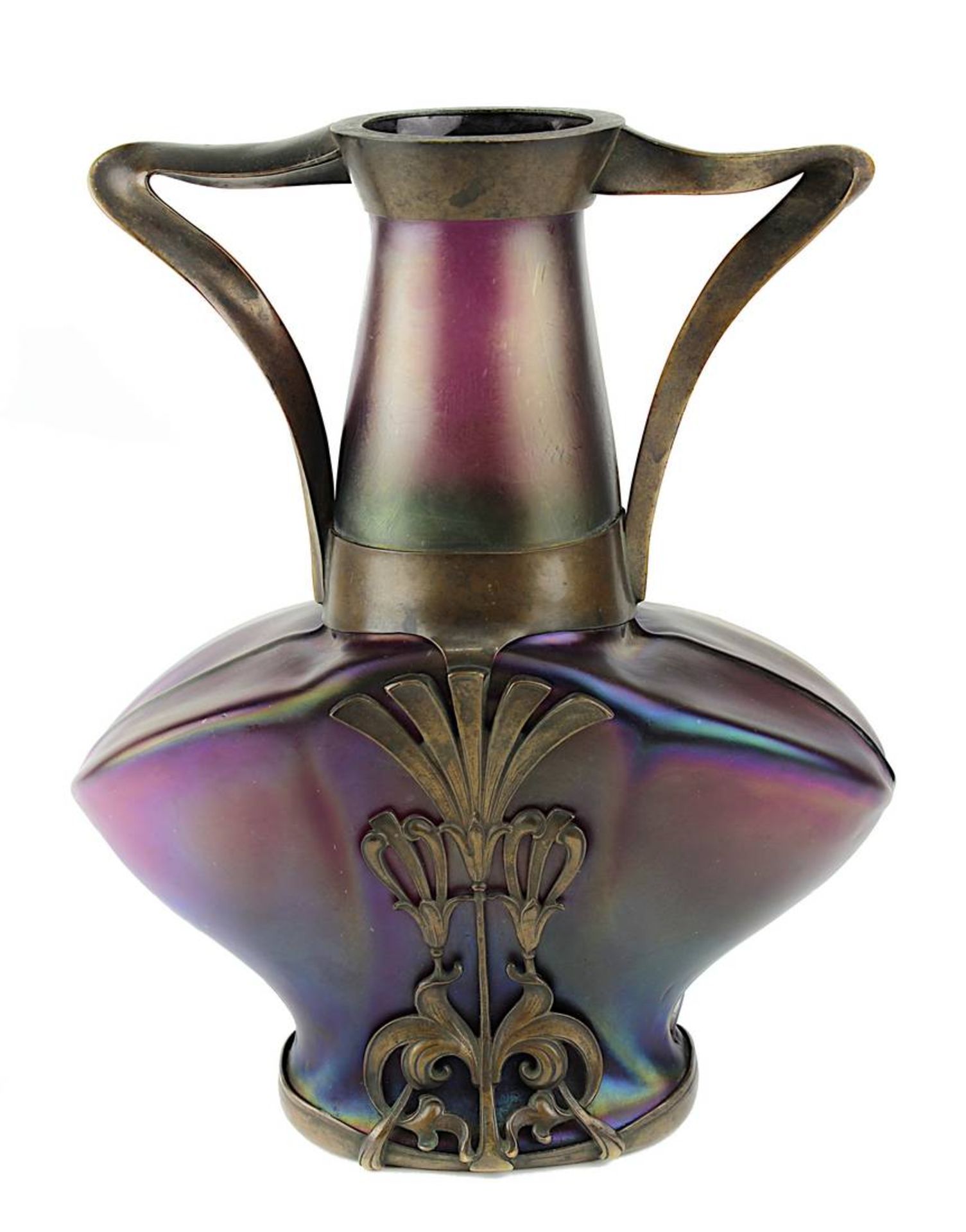 Josephinenhütte Jugendstil-Glasvase mit Messingmontur, um 1897-1900, Bronze-Zypern-Glas,