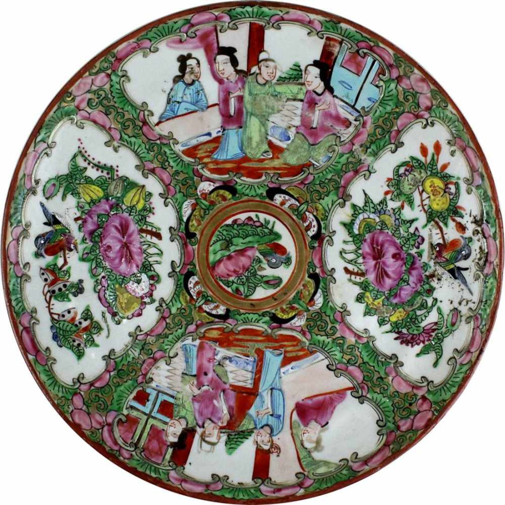 Chinesischer Porzellan-Teller, famillie verte, 19. Jh., weißer Scherben, auf Glasur in 4