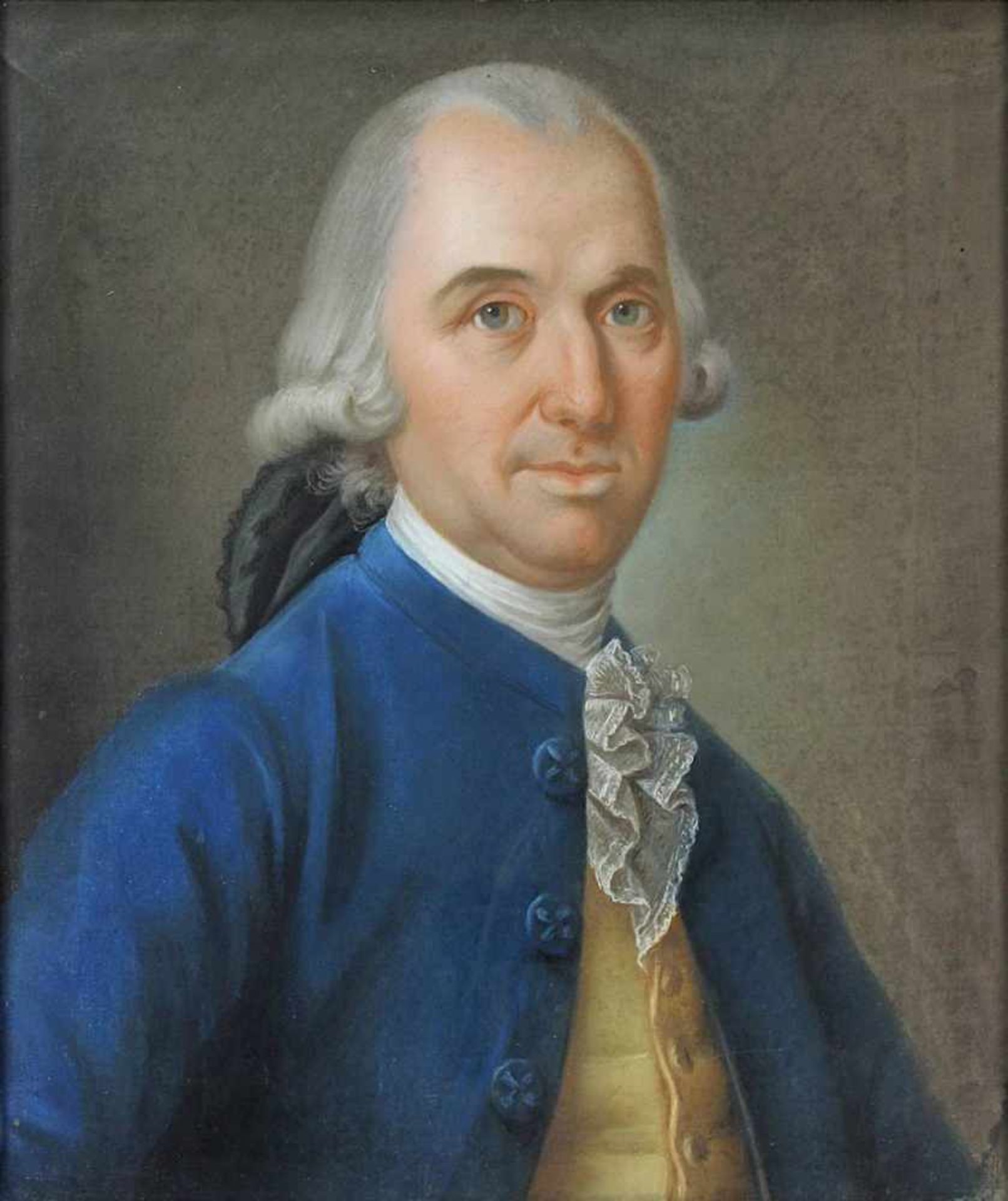 Pastellmaler (18.Jh.), Bildnis eines Herrn in blauer Jacke und Spitzenjabot, Pastell auf Papier, auf - Bild 2 aus 2