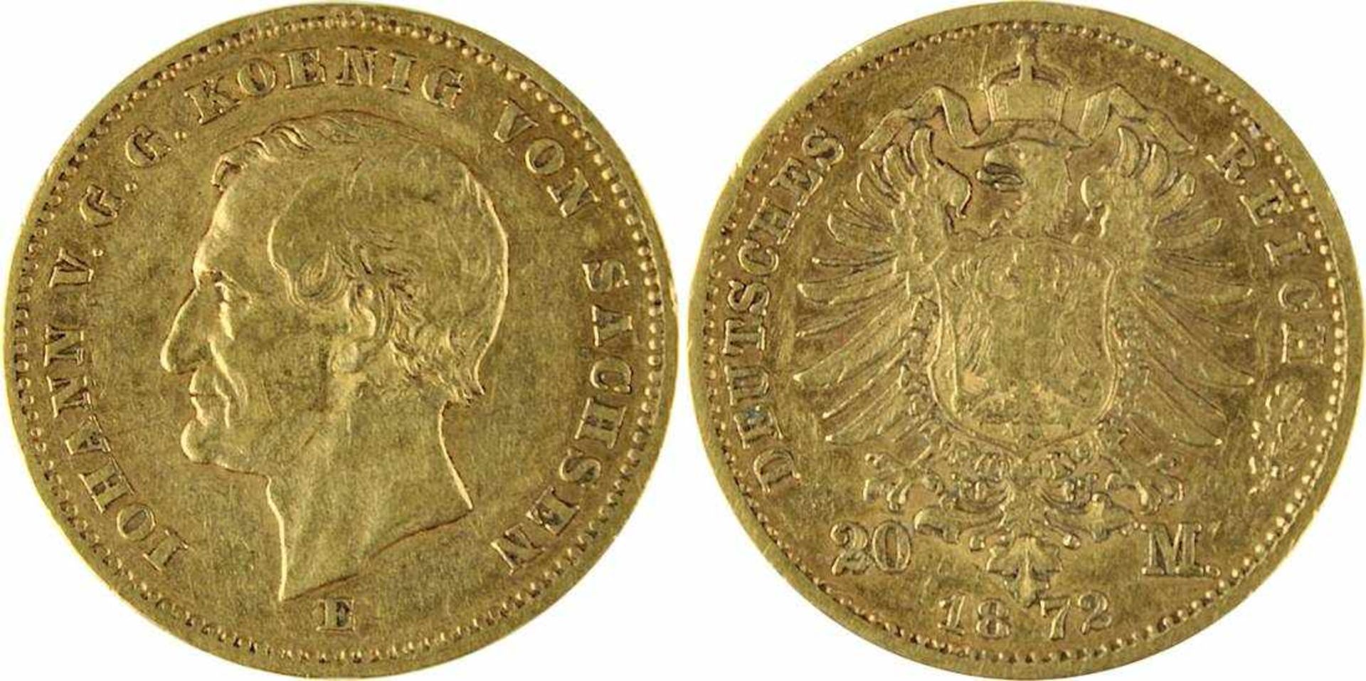 20 Mark Goldmünze Deutsches Reich, Sachsen 1872, 900er Gold, Av. Johann König v. Sachsen, Kopf n.