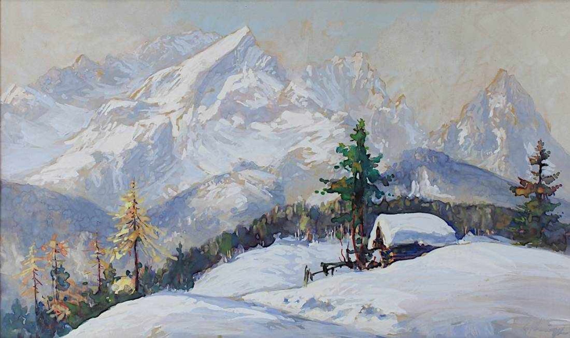Gebirgsmaler (1.H.20.Jh.), Schneebedeckte Alpenlandschaft mit Schutzhütte, Gouache, re. unt. - Bild 2 aus 2