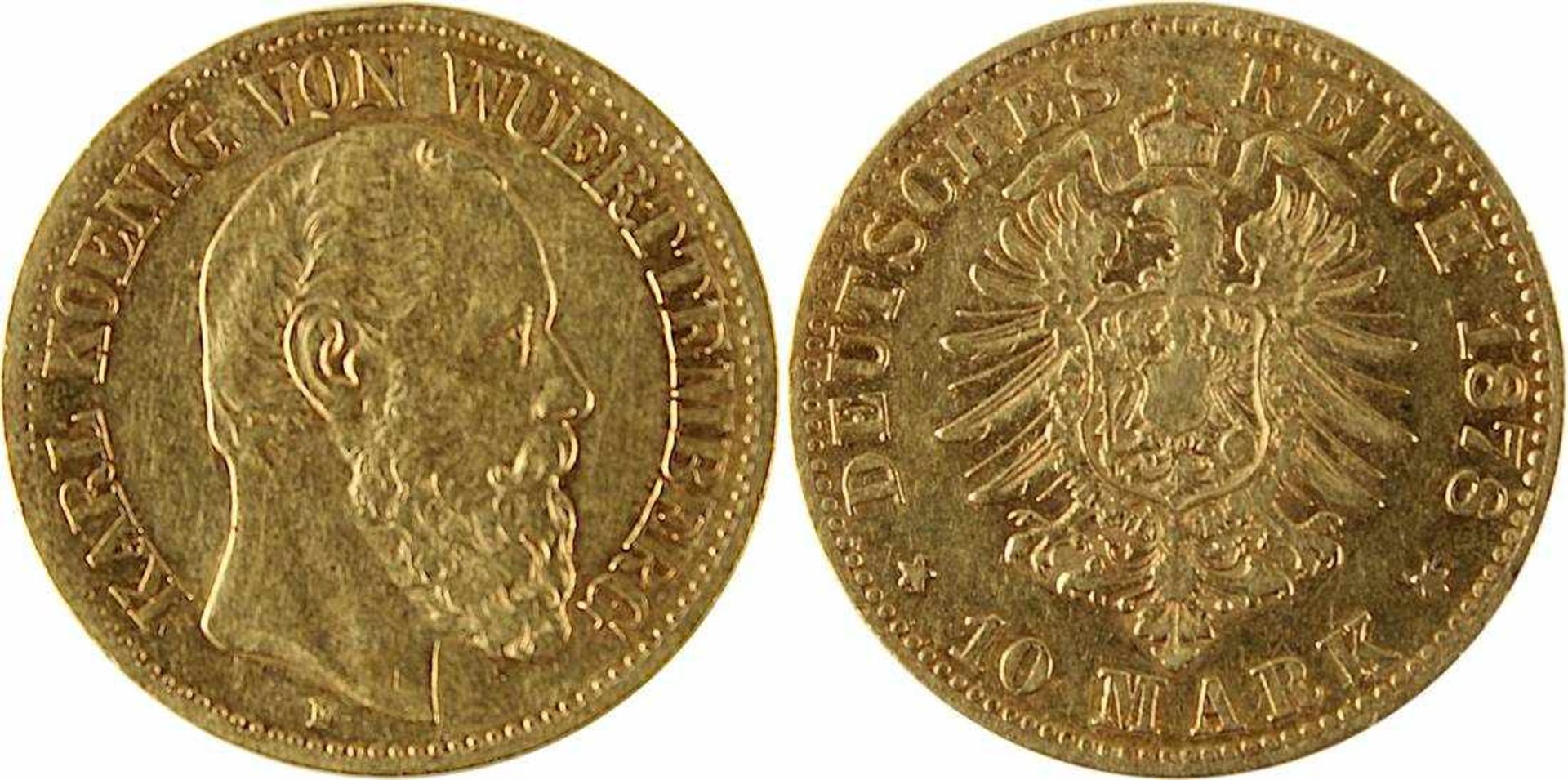 10 Mark Goldmünze Deutsches Reich, Württemberg 1878, 900er Gold, Av. Karl König von Wuerttemberg,