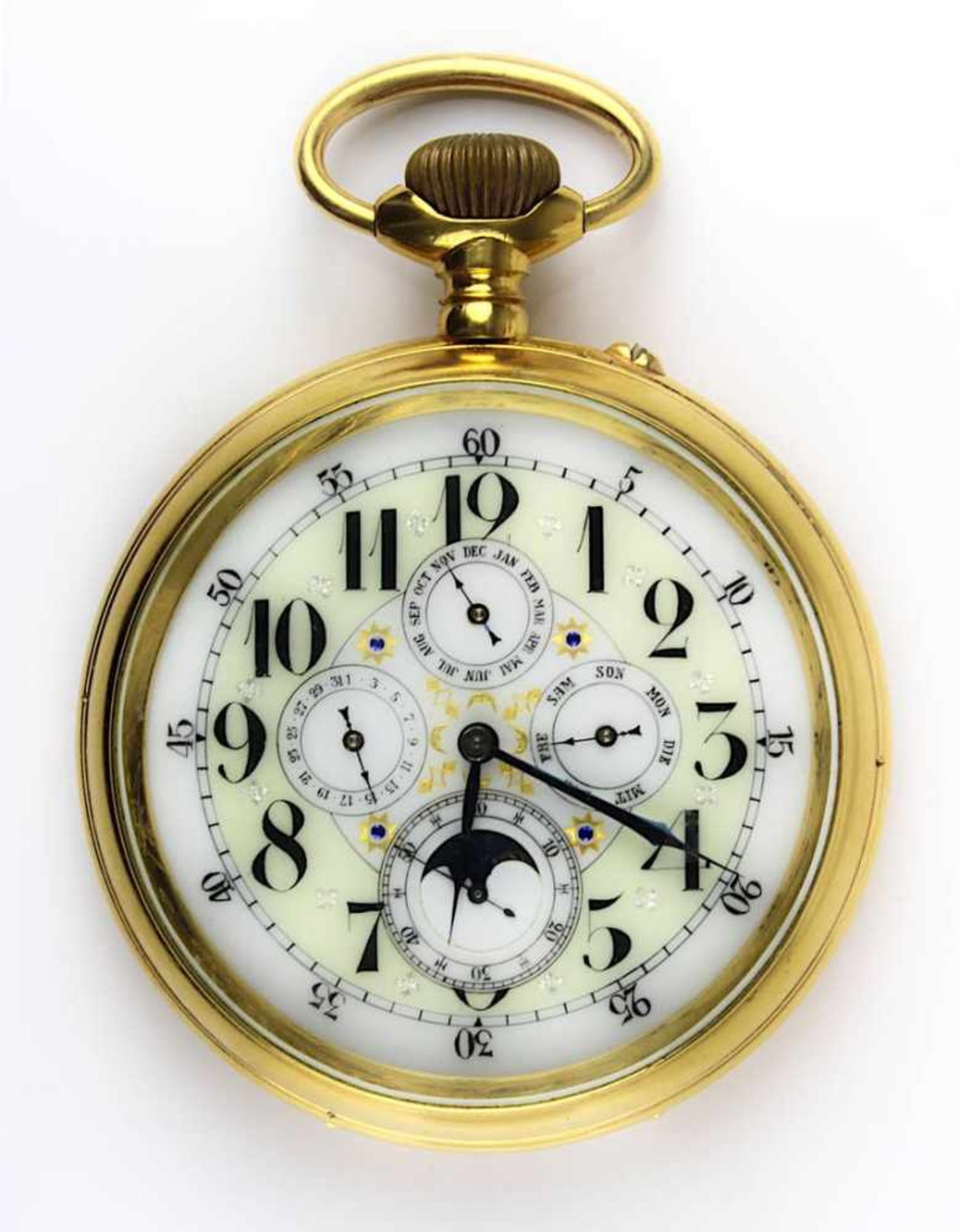 Große schwere Taschenuhr mit Komplikation, Chronograph, Vollkalender und Mondphase, Schweiz um 1910,