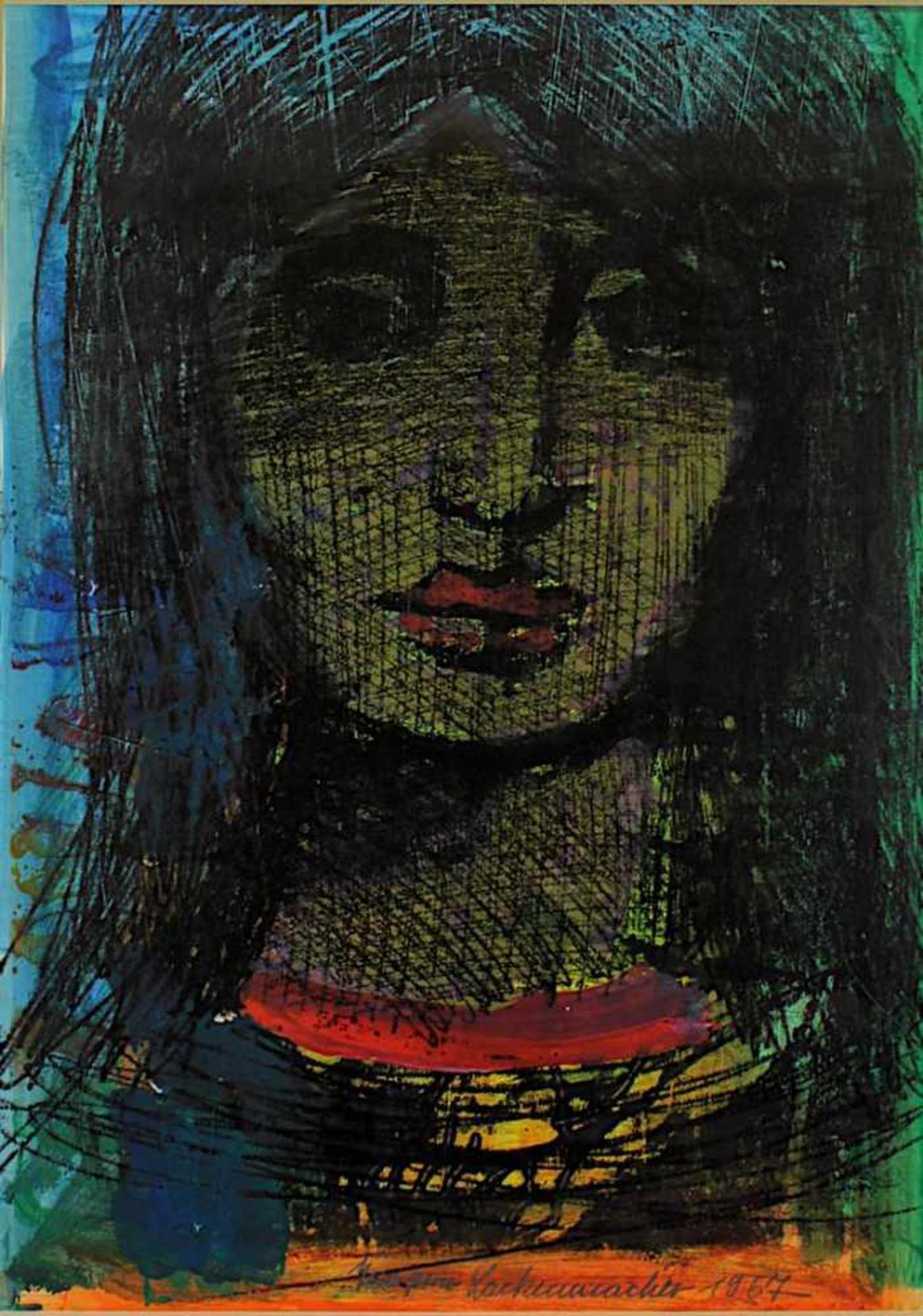 Lackenmacher, Otto (Saarbrücken 1927 - 1988 Saarbrücken), Porträt einer jungen Frau, Tempera, am - Bild 2 aus 2