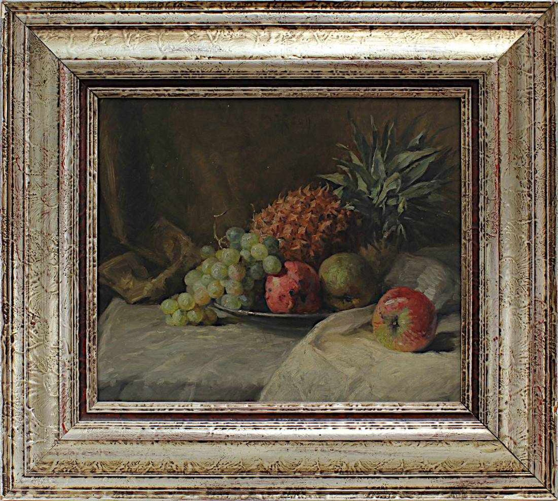 Rauh, Heinz, saarländischer Künstler, Früchtestilleben mit Ananas, Trauben und Äpfeln, 1. Drittel