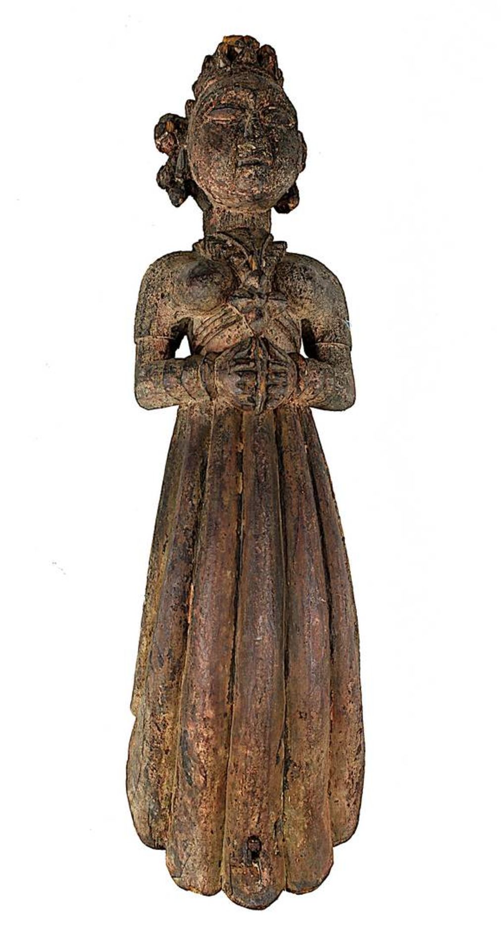 Geschmückte Frau als Karyatidenfigur, Südindien, 19. Jh.,  Holz geschnitzt, mit Farbresten und teils