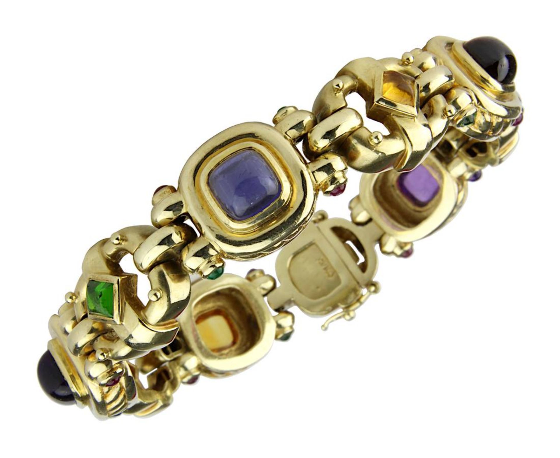 Gelbgold-Armband mit Edelsteinbesatz, gepunzt 585 und Herstellerzeichen MI, steigbügelförmige