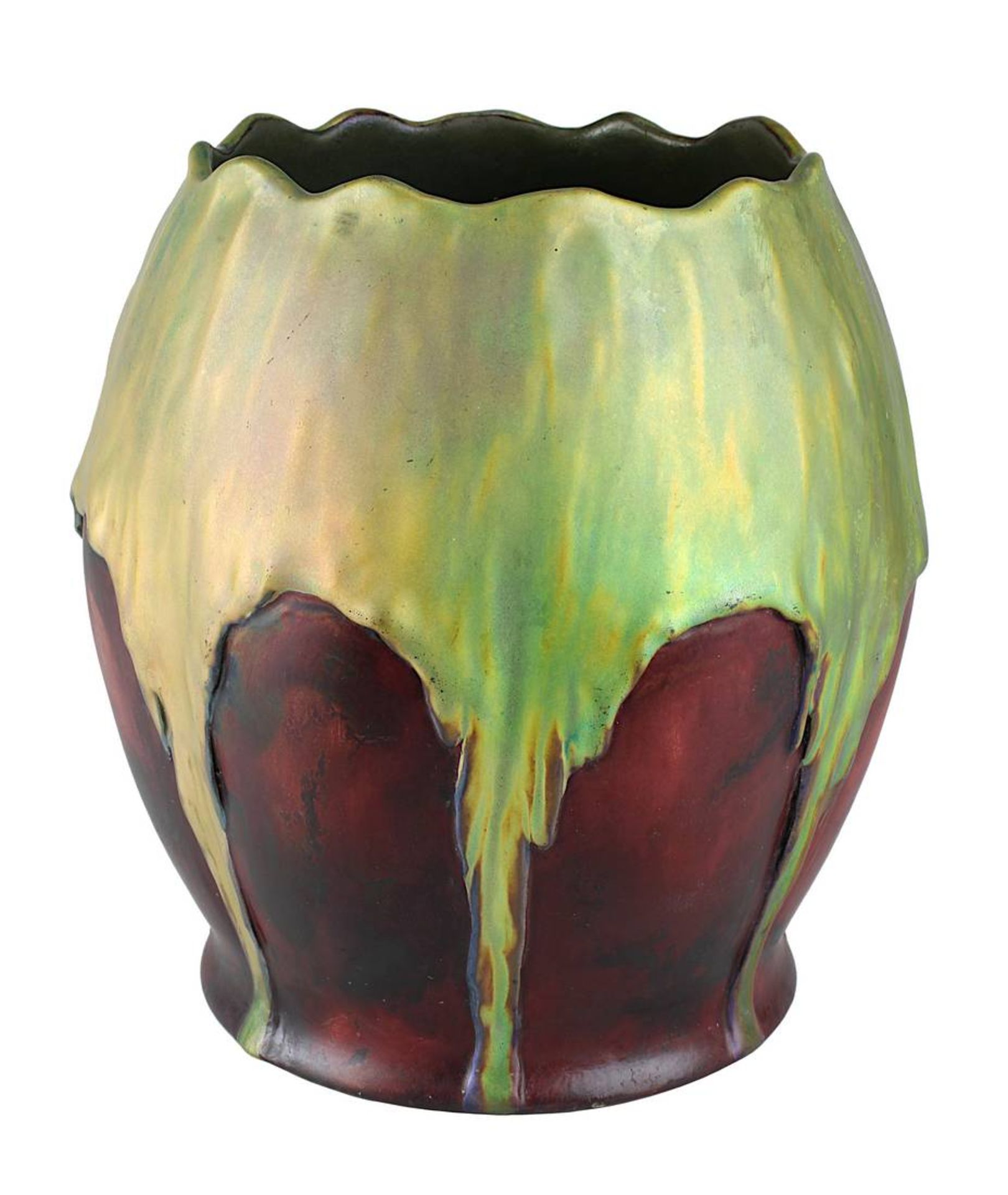 Zsolnay Jugendstil-Vase, um 1900, Pecs, Ungarn, Entwurf wohl Mack Lajos, Keramik heller Scherben,