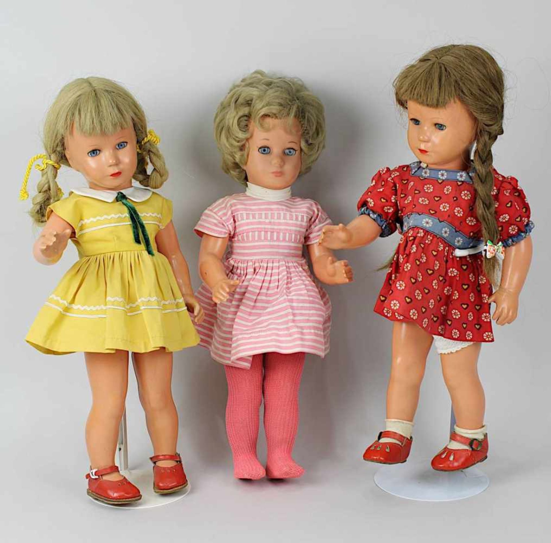 3 Schildkröt Modell Käthe Kruse Mädchenpuppen, davon zwei um 1970, Celluloid, die dritte um 1980 mit