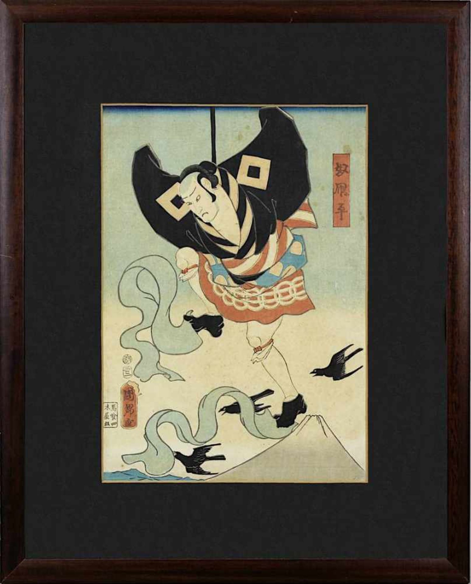 Japanischer Holzschnitt, wohl Utagawa Kunisada II (1823-1880), Schauspieler mit fliegenden Krähen,