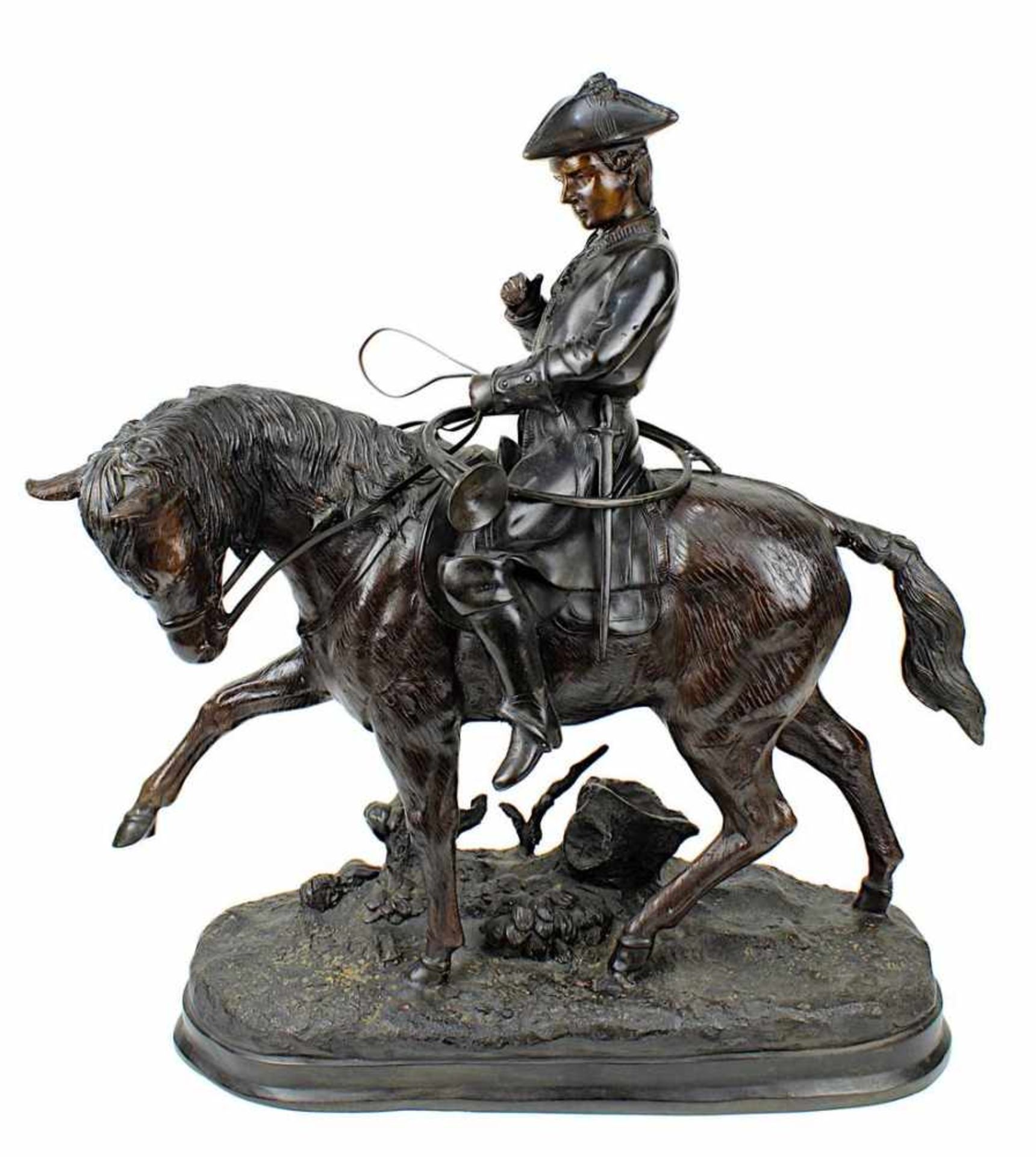 Reiter mit Jagdhorn, Metall bronzefarben patiniert, 20. Jh., große Figur im Stil des 18. Jh., auf