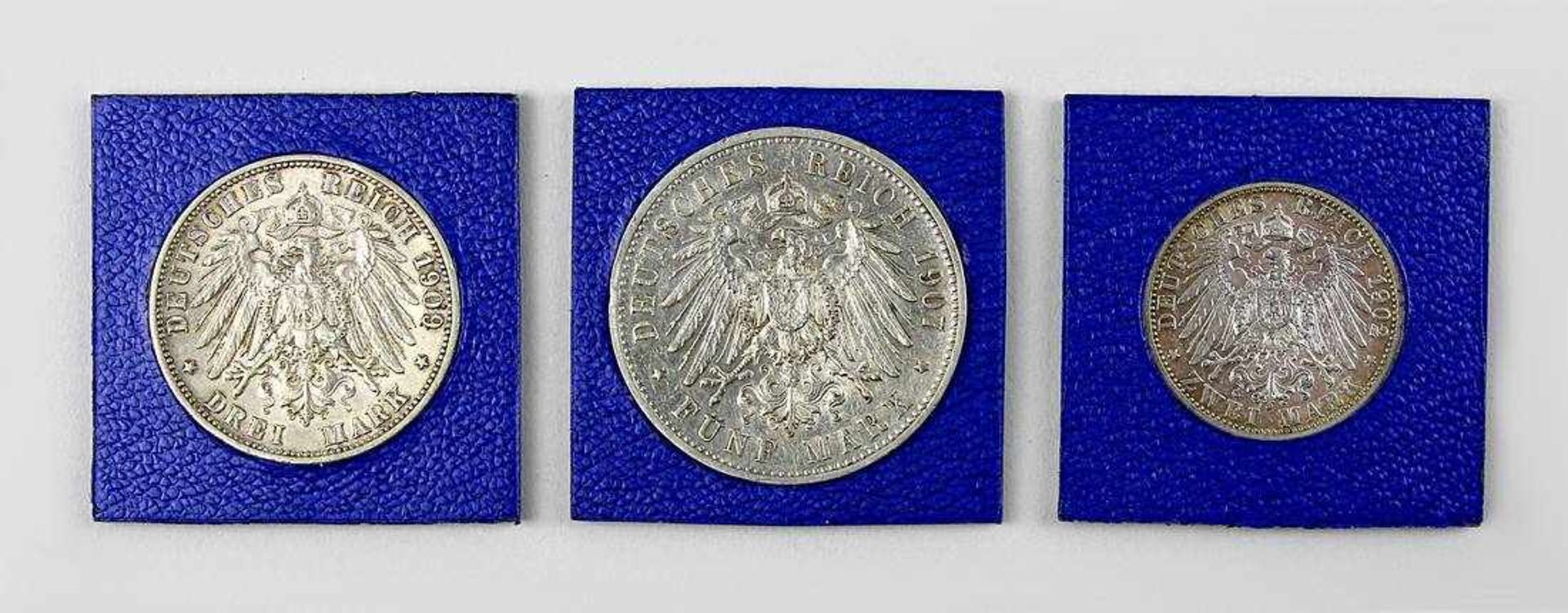 Drei Münzen Königreich Württemberg, 900er Silber, 1902-1909: zu 2 (1902), 3 (1909) und 5 (1907) - Bild 2 aus 2