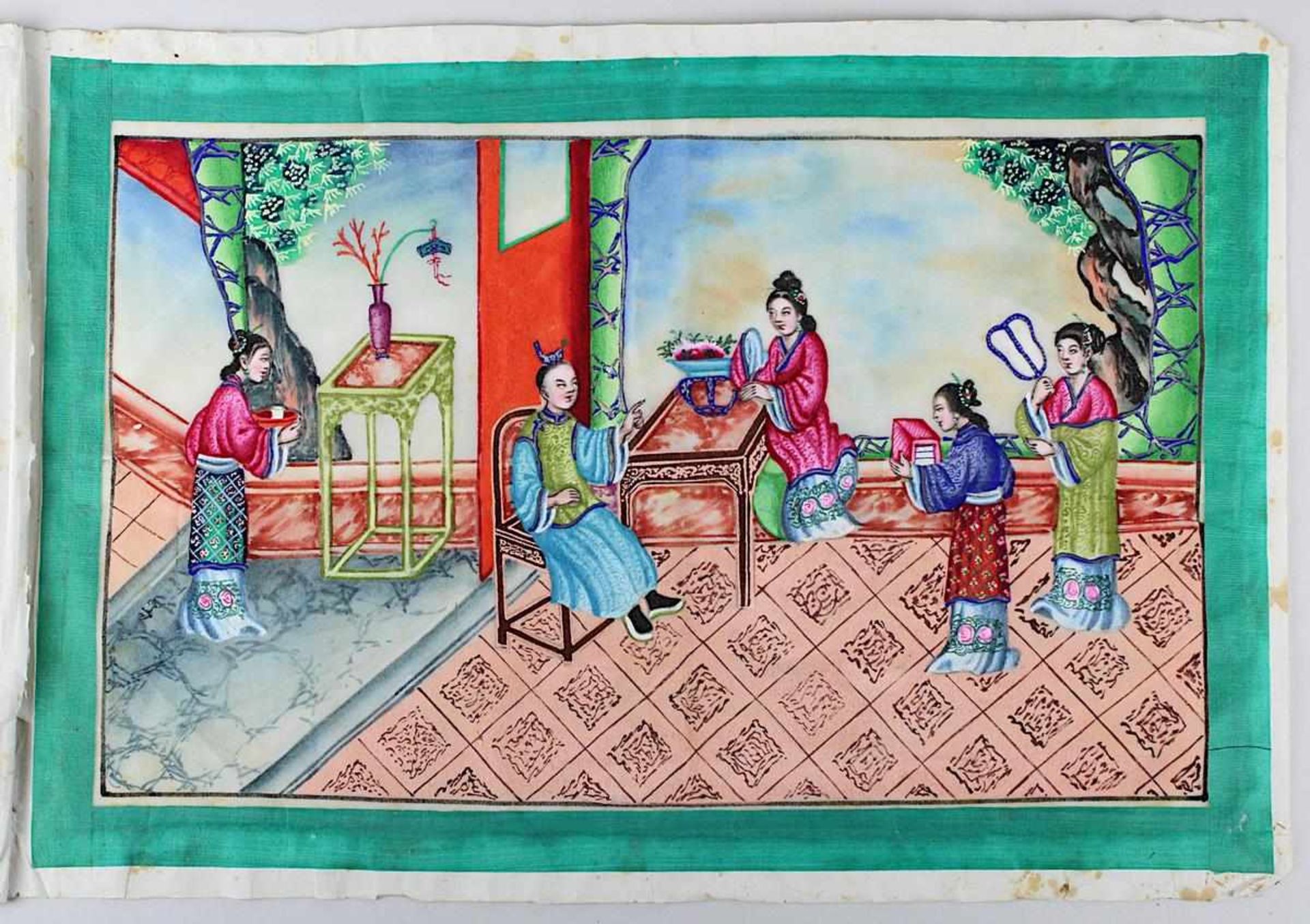 Album mit sieben fein gemalten Aquarellen, China 19. Jh., Darstellungen aus dem Leben der begüterten - Bild 7 aus 7