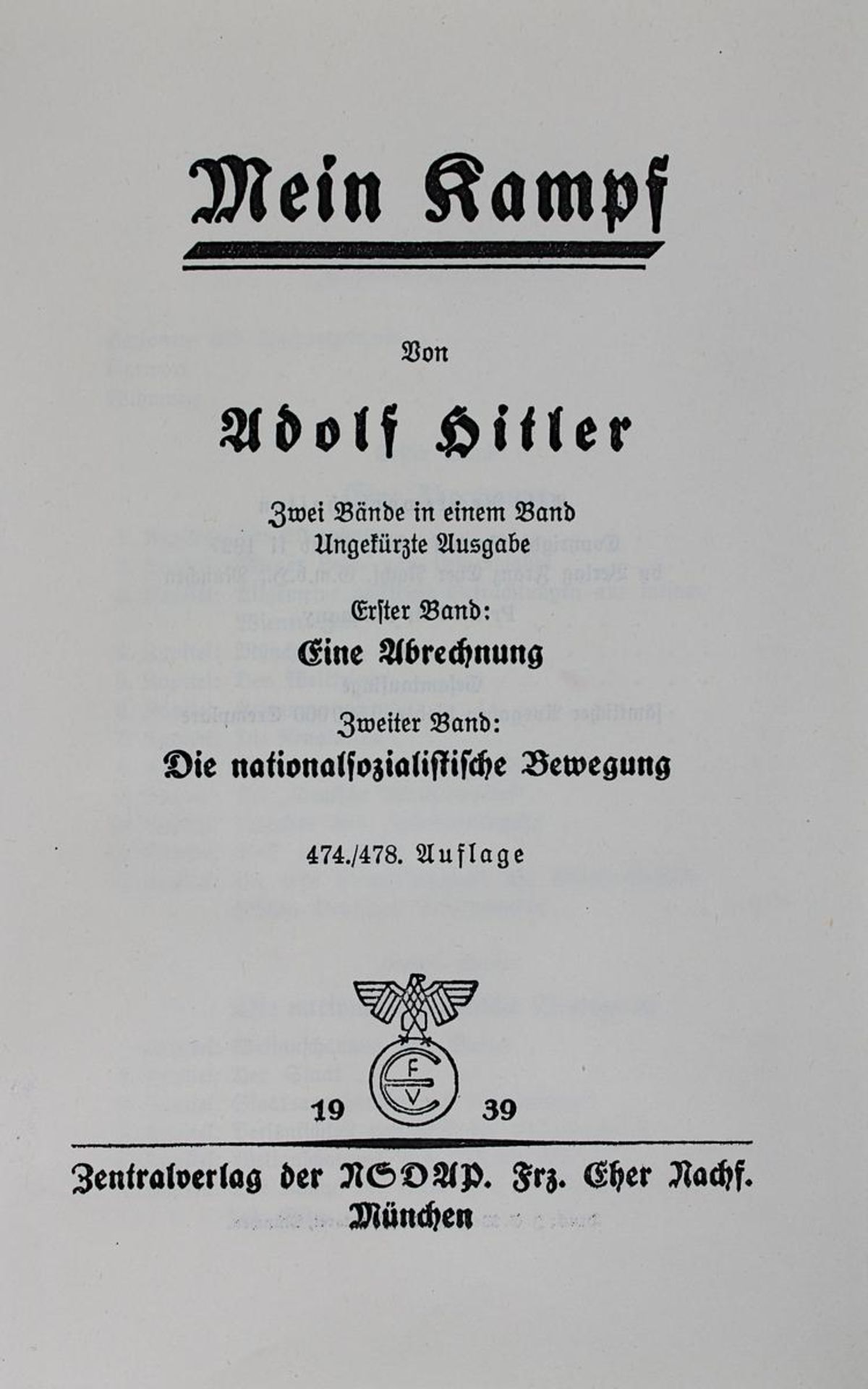 Hitler, Adolf, "Mein Kampf", 2 Bände in einem einem Band, 474./ 478. Auflage, Zentralverlag der