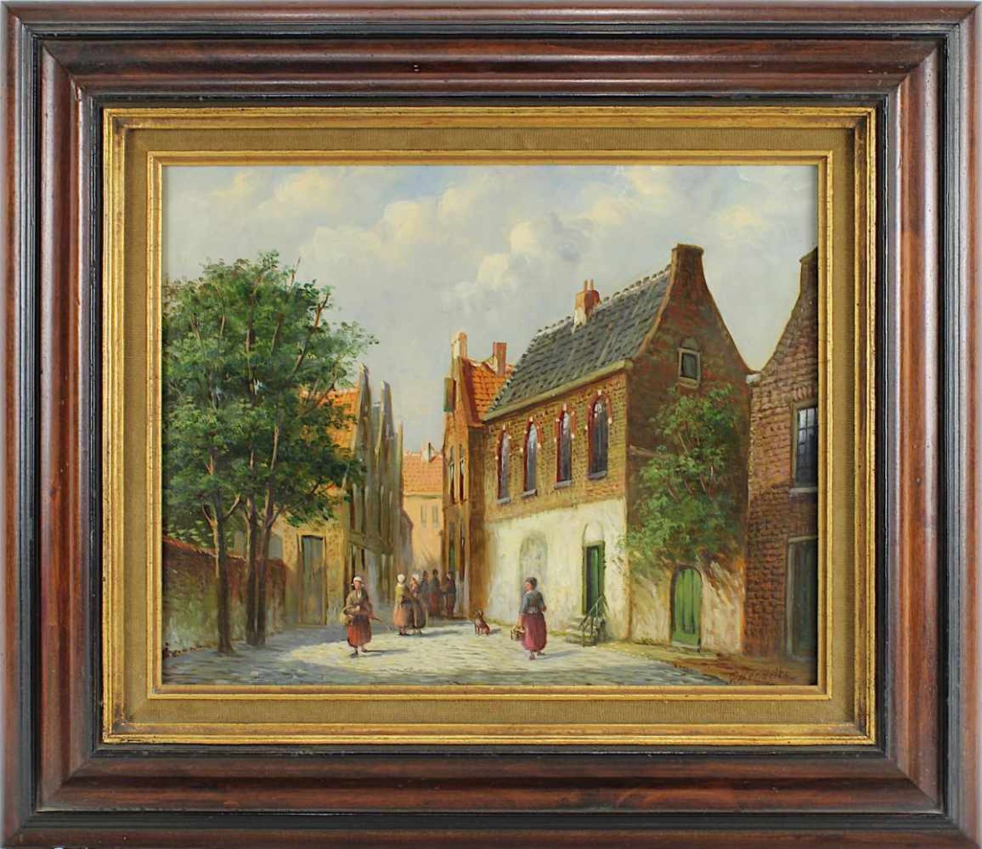 Hendricks, P., Niederlande um 1950, holländische Straßenszene mit Häuser- und Figurenstaffage, Öl