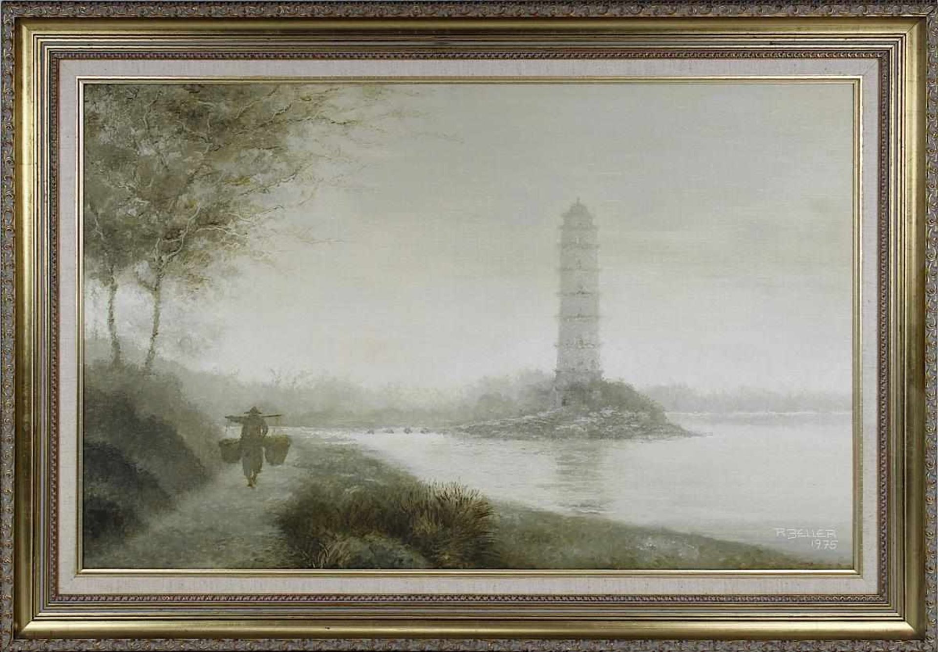 Zeller, Reinhold (St. Ingbert 1908 - 1977 Hongkong), Flusslandschaft mit Pagode im Morgennebel, Öl