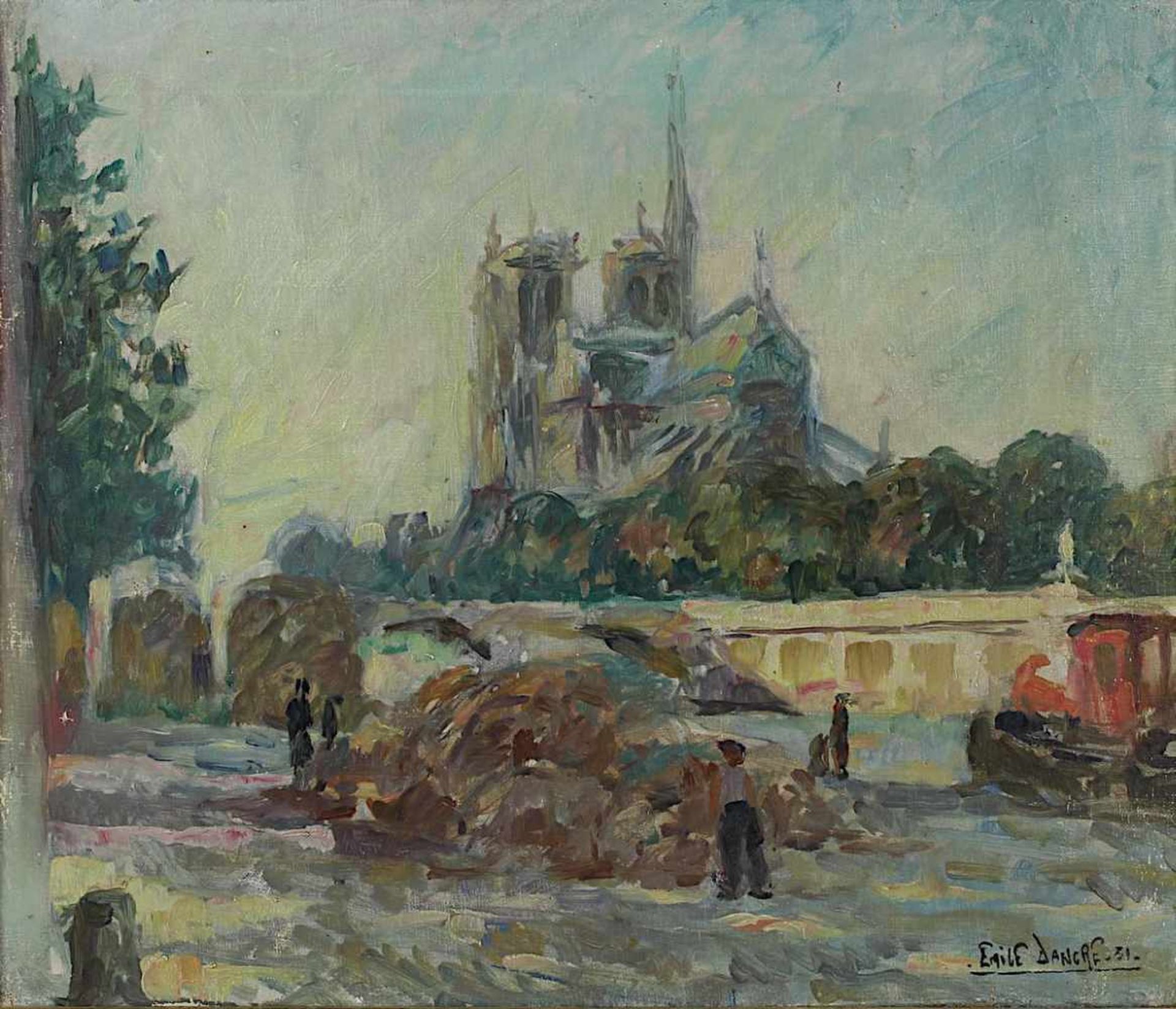 Dancre, Émile (1901-1977), Notre-Dame de Paris von der Seine aus gesehen, stimmungsvolles pastoses - Bild 2 aus 2