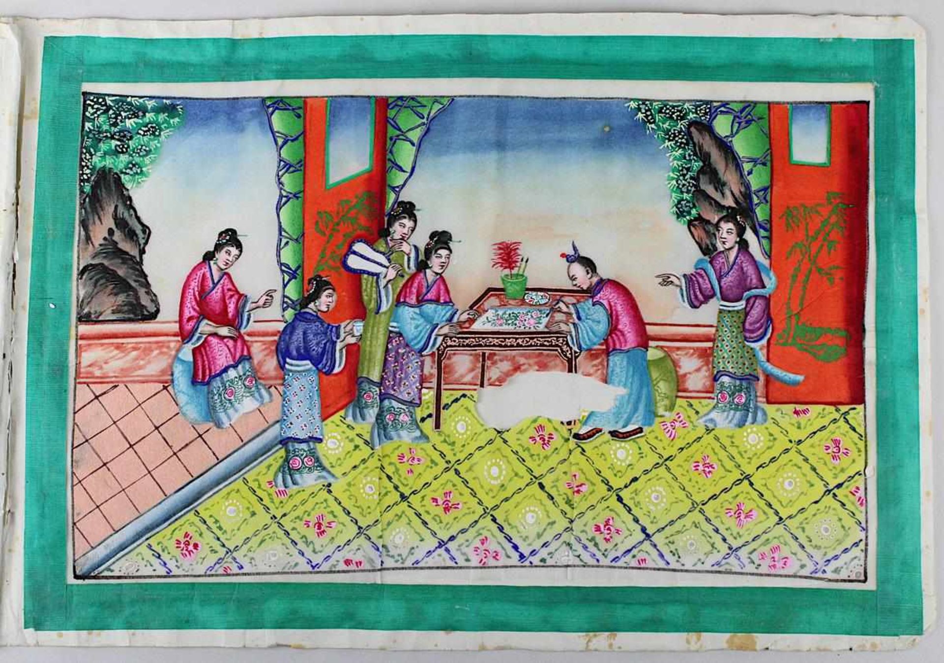 Album mit sieben fein gemalten Aquarellen, China 19. Jh., Darstellungen aus dem Leben der begüterten - Bild 6 aus 7