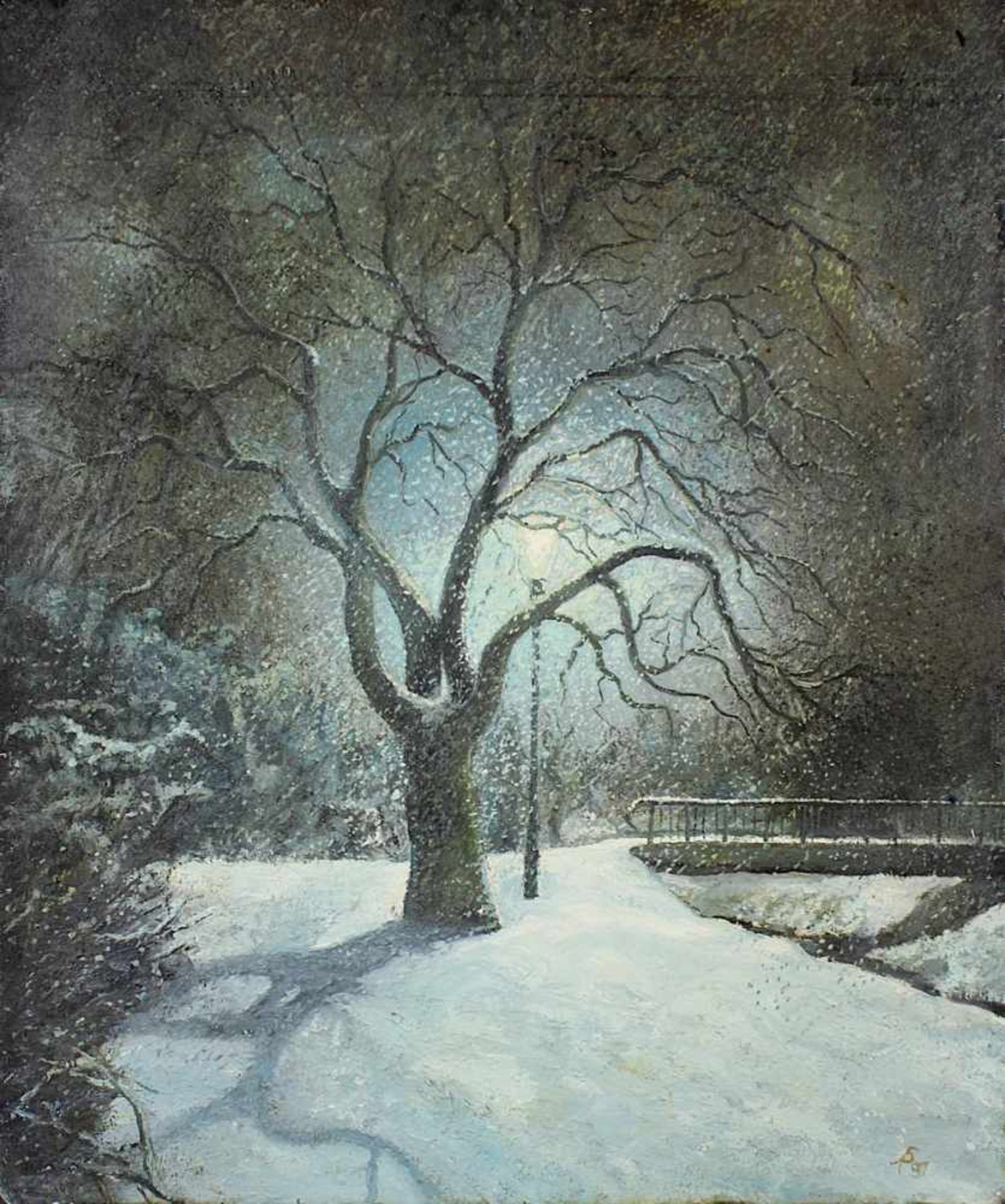 Reiher, Stefan (geb. Illingen 1958), verschneite Brücke und Baum im Laternenschein, Öl auf Leinwand, - Bild 2 aus 2