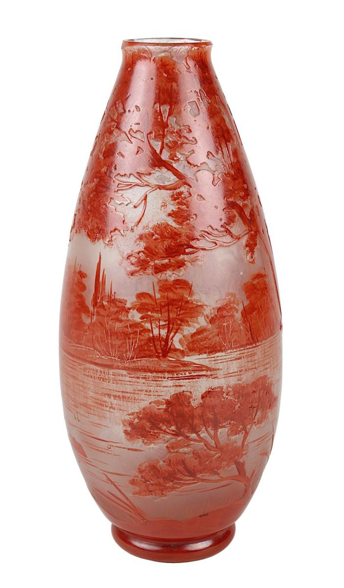 Moda Daum Vase, um 1920, Inhaber Paul Daum, Nancy, Klarglas, Außenwandung mit im Relief geätzter
