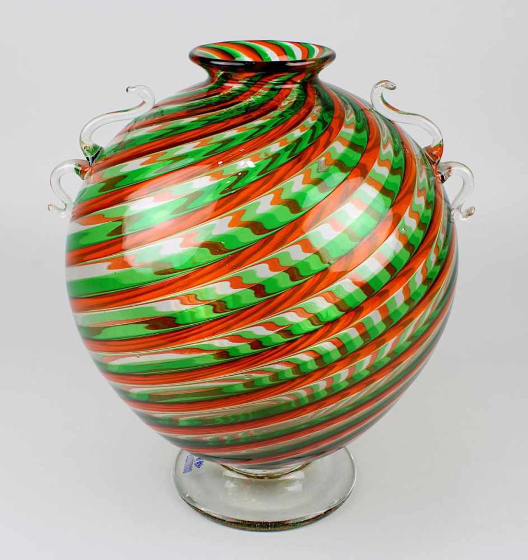 Murano-Vase, Elli Toso, um 1990, kugelförmiger Glaskörper, in Spiralform aneinandergelegte Glasfäden