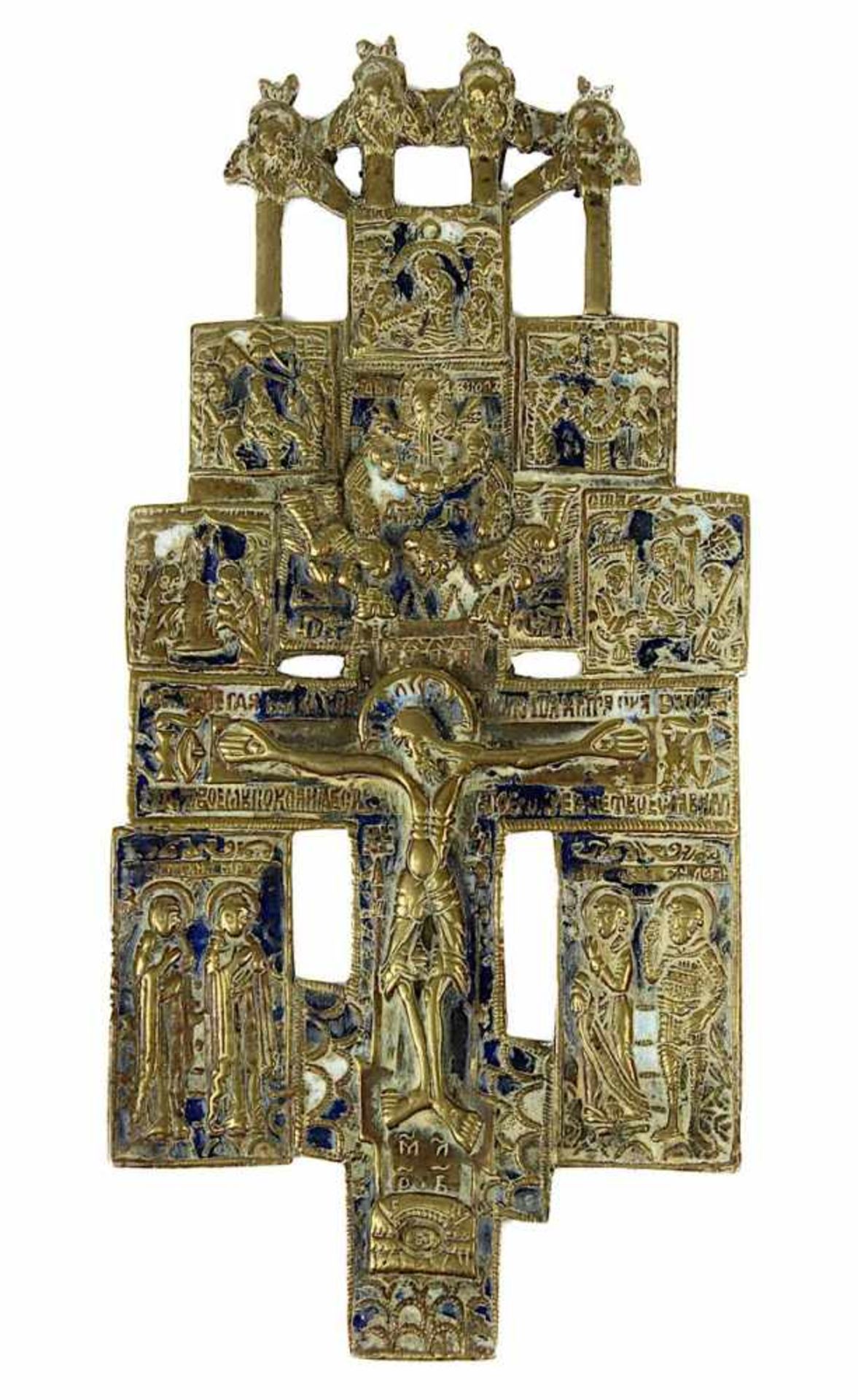 Kleines erweitertes Bronzekreuz, Russland 19. Jh., Bronze partiell emailliert, mit Kreuzigungsszene,