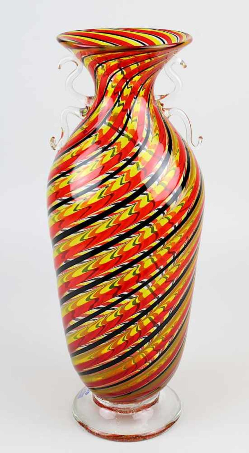 Murano Glasvase mit Glasfäden, Elli Toso, um 1990, amphorenförmiger Glaskörper mit in Spiralform