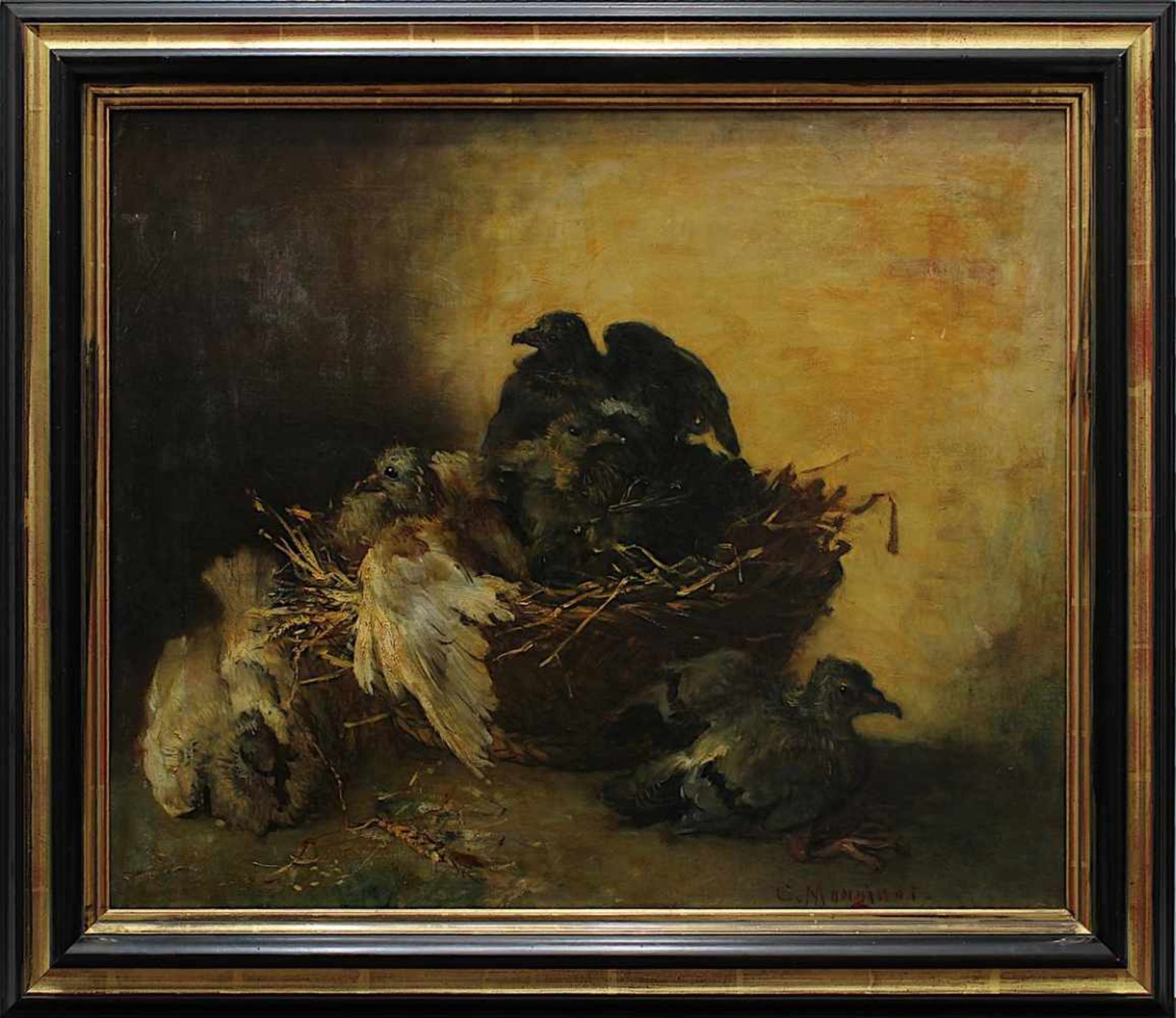 Monginot, Charles (Brienne-le-Château 1825 - Dienville 1900), Vogelnest mit fünf Jungvögeln, Öl
